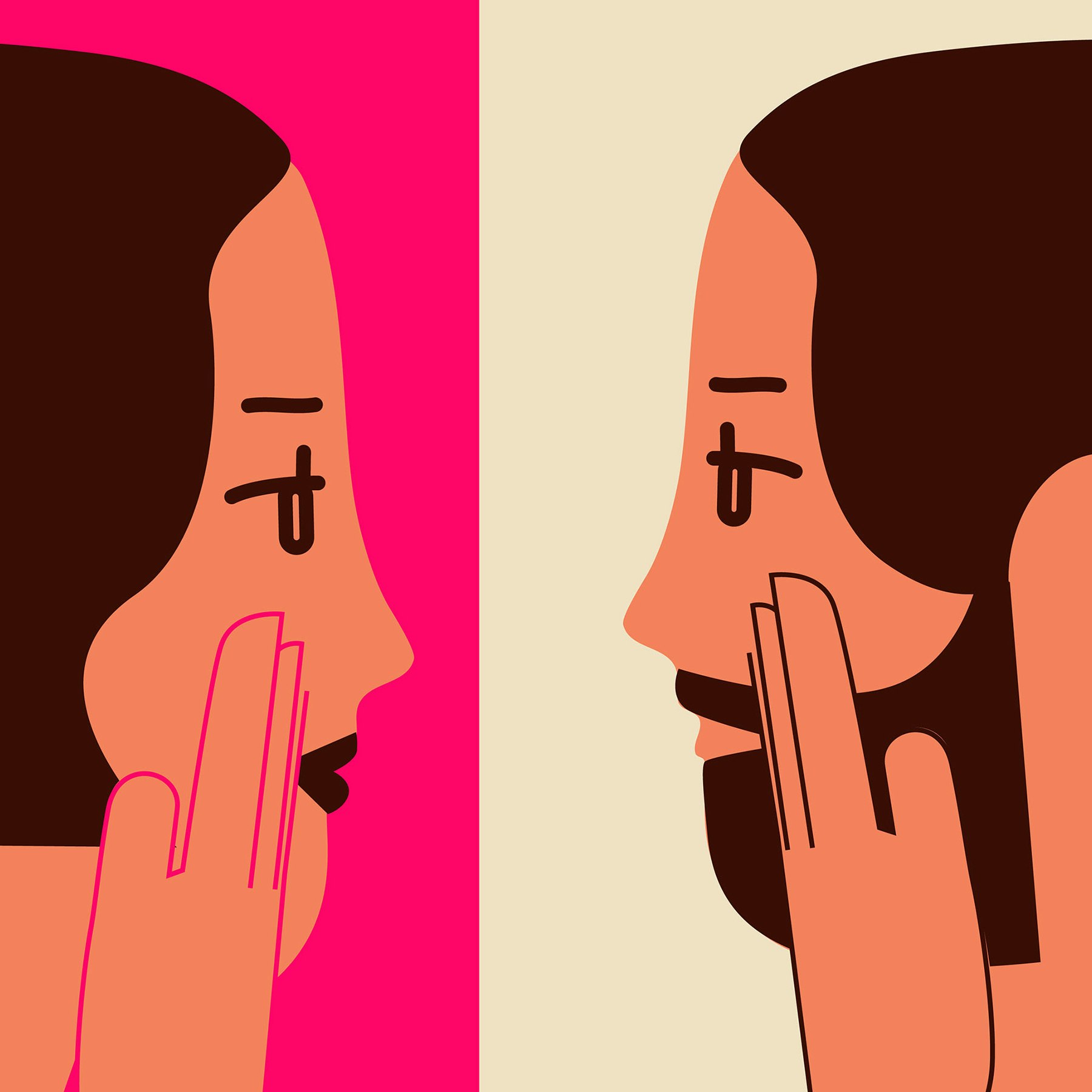 A stylized illustration of a mirrored profile. On the left, the profile is visibly femme; on the right, the profile appears masculine.