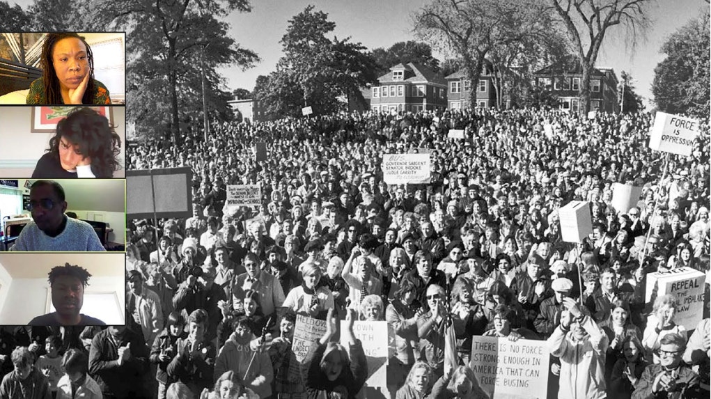 A video interview shared screen shows a 1975 photo of an anti-busing rally at Thomas Park in Boston alongside Zoom participants, from spread 24 of the exhibition publication.