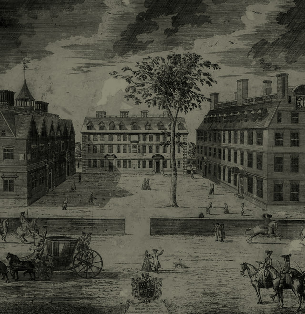 Illustration of Harvard College with what is now Massachusetts Avenue in the foreground, and college buildings, including Massachusetts Hall, in the background.