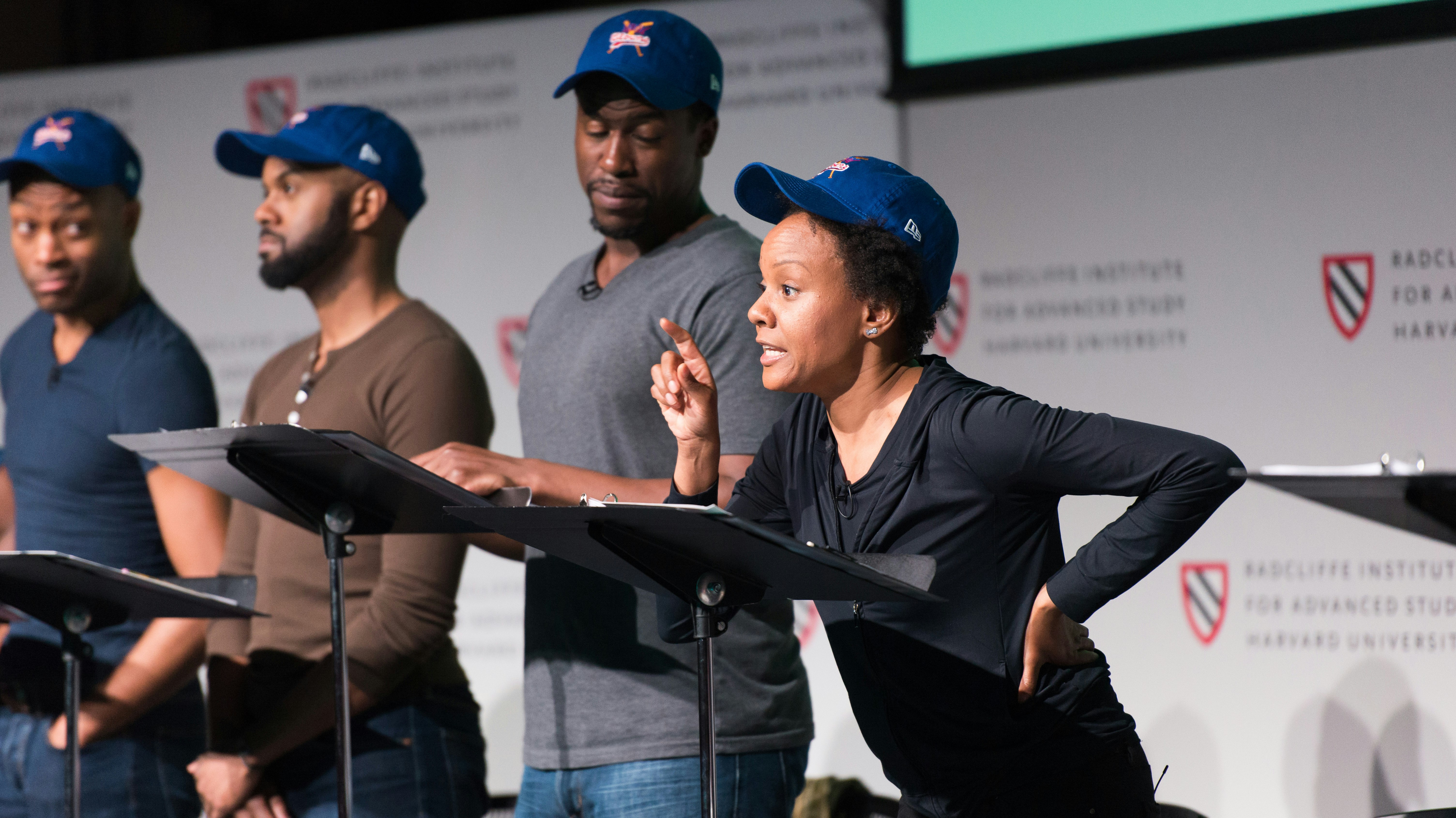Actors performing a scene from Lydia R. Diamond's play about Toni Stone, the first woman professional baseball player in the Negro league.