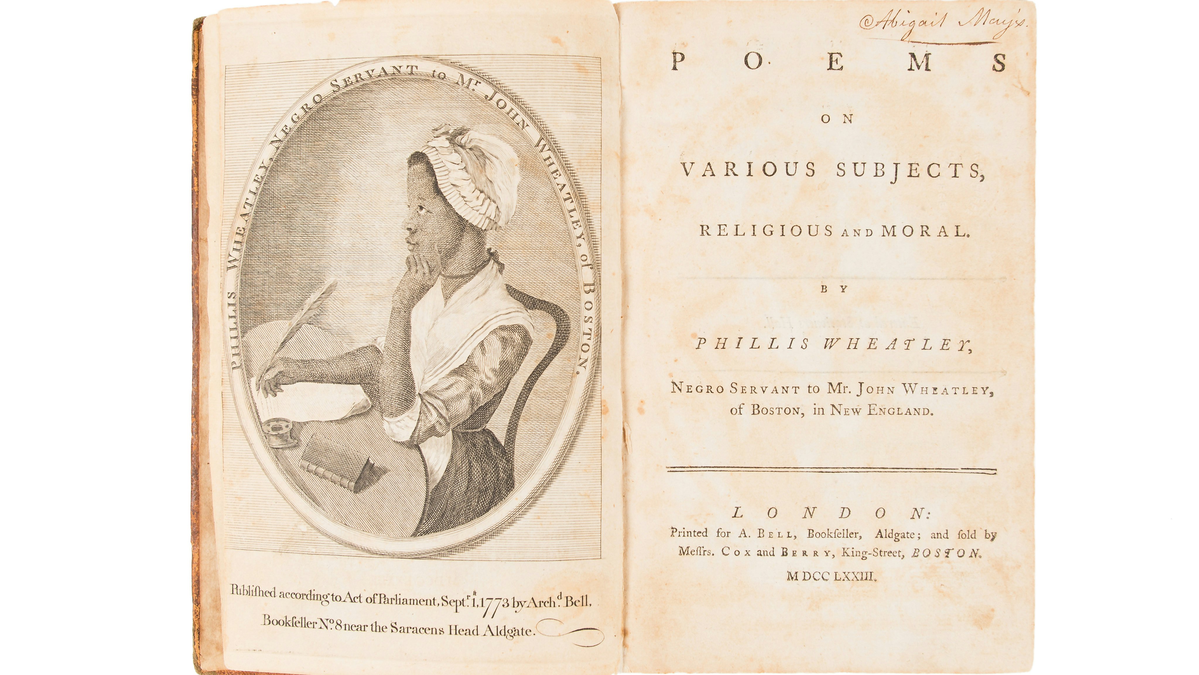 The cover pages of Phillis Wheatley's 1773 book, Poems on Various Subjects, Religious and Moral