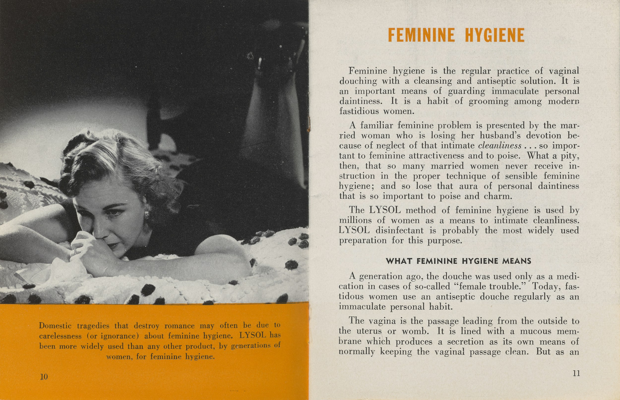 A brochure spread about feminine hygiene that talks about vaginal douching. A black-and-white photo shows a woman crying on a bed.