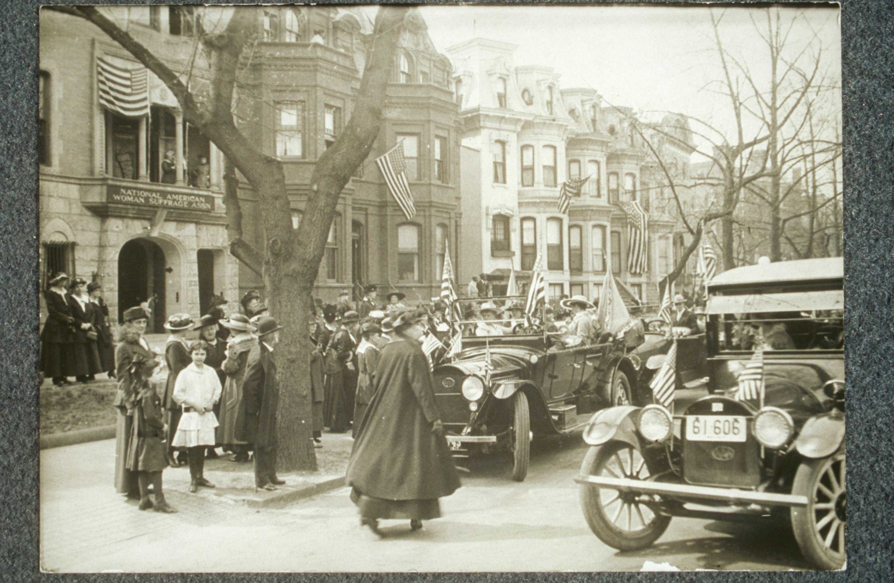 Gathering in front of the National American Woman Suffrage Association headquarters on the arrival of Jeannette Rankin in Washington as the first U. S. Congresswoman