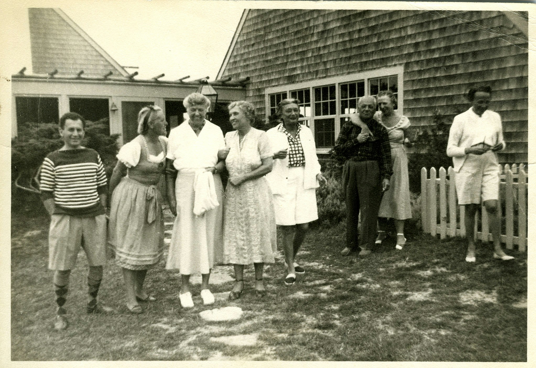 Helen Keller with others, including Eleanor Roosevelt, Kit Cornell, and Joseph Lash at "Chip-Chop," Cornell's home on Martha's Vineyard