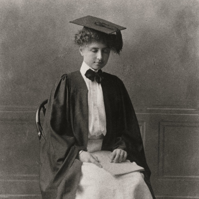 Portrait of Helen Keller in Radcliffe College cap and gown
