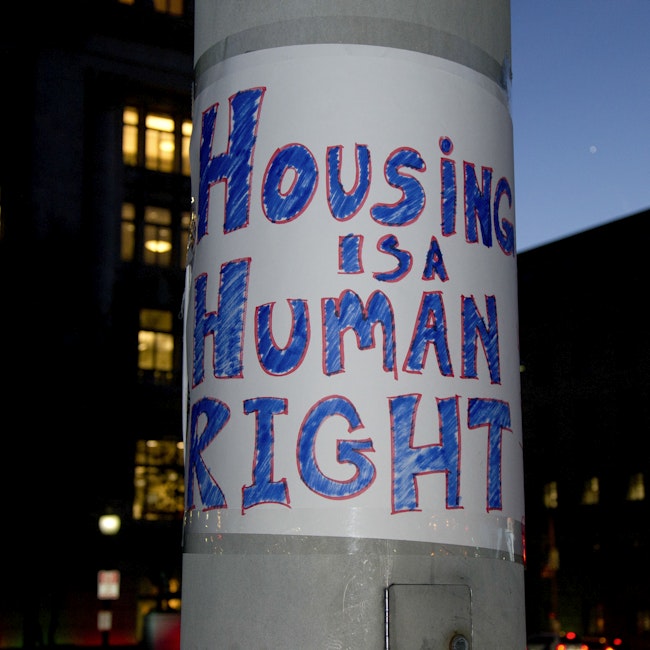 Protest sign that reads, "Housing is a human right" seen in Washington D.C. during a rally for equal housing opportunities.