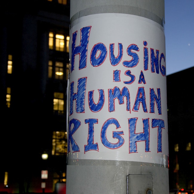 Protest sign that reads, "Housing is a human right" seen in Washington D.C. during a rally for equal housing opportunities.