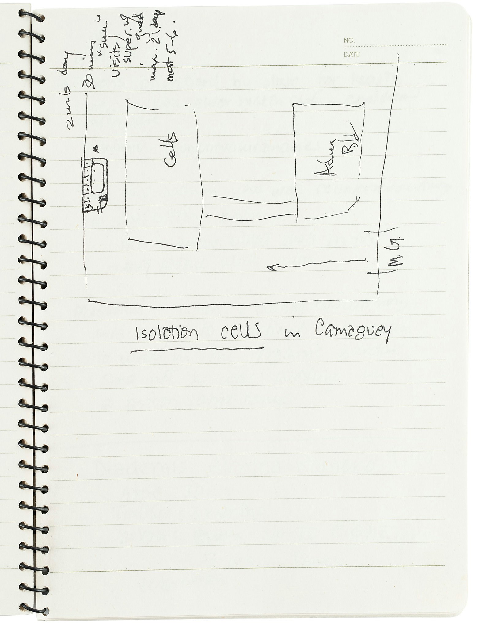 Sketch of women's prison cell on white lined paper.
