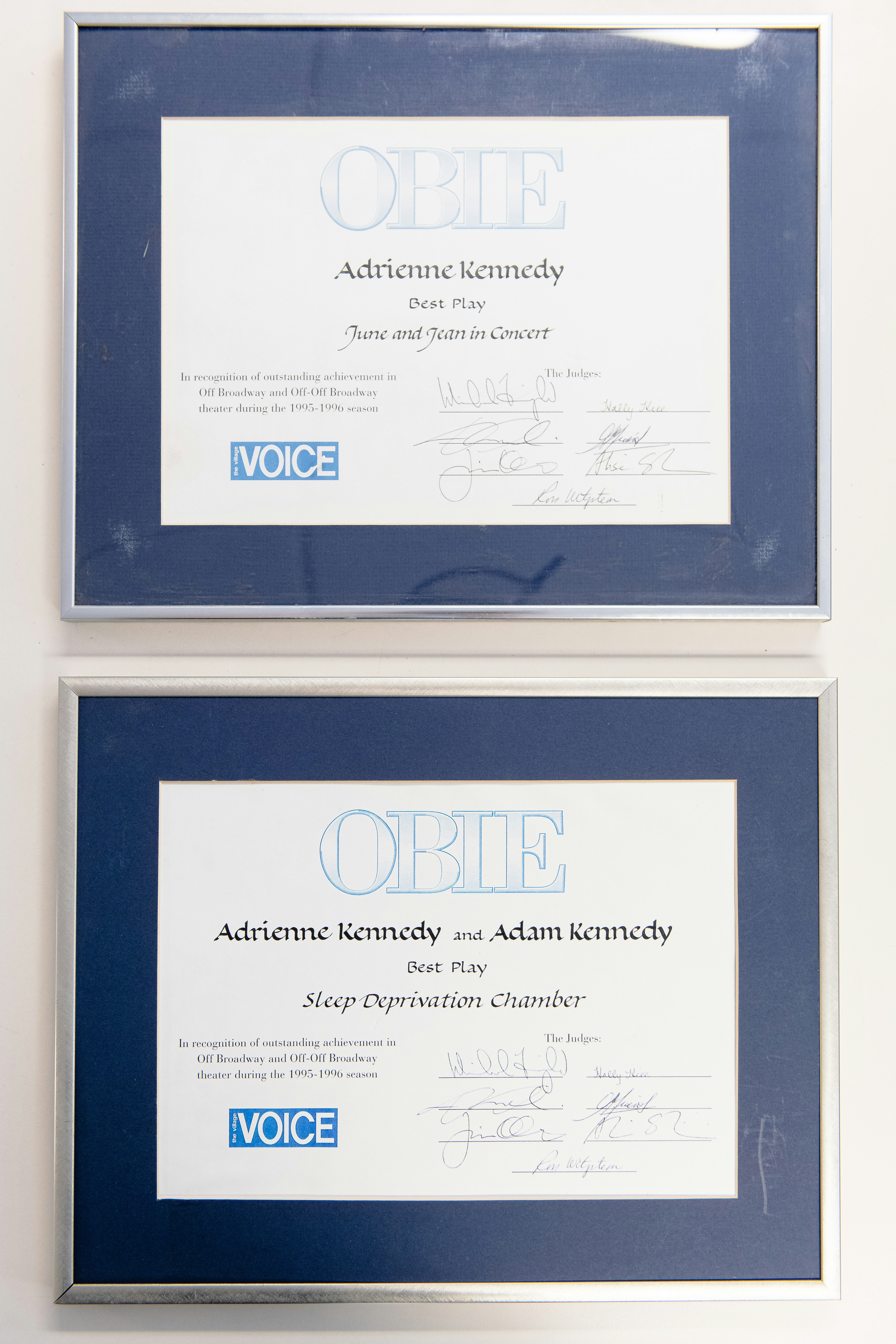 Two OBIE Awards from the Village Voice, each signed by seven judges. One is for June and Jean in Concert, and the other for Sleep Deprivation Chamber.