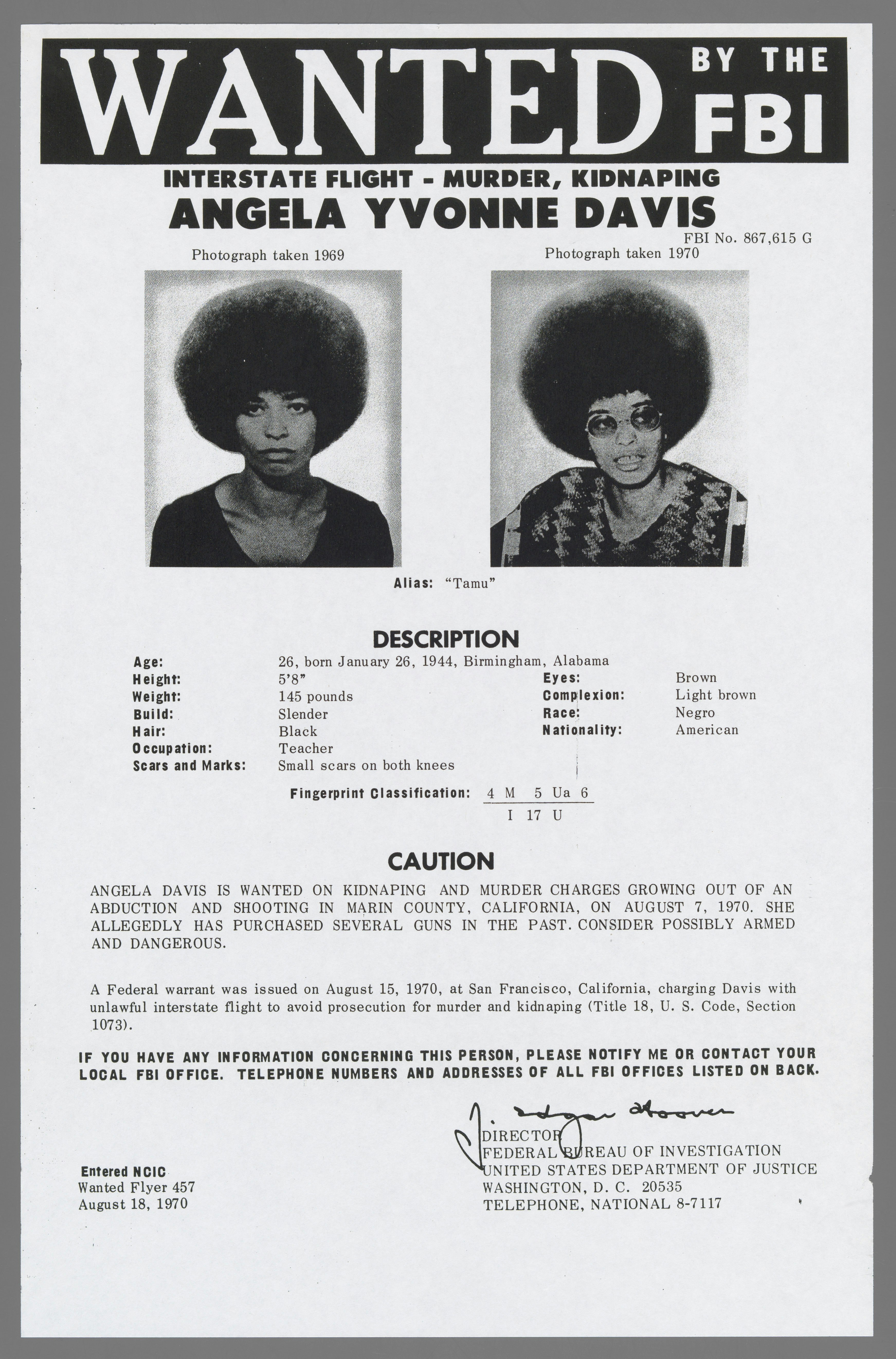 Black & white FBI wanted flyer with two headshots of Angela Davis.