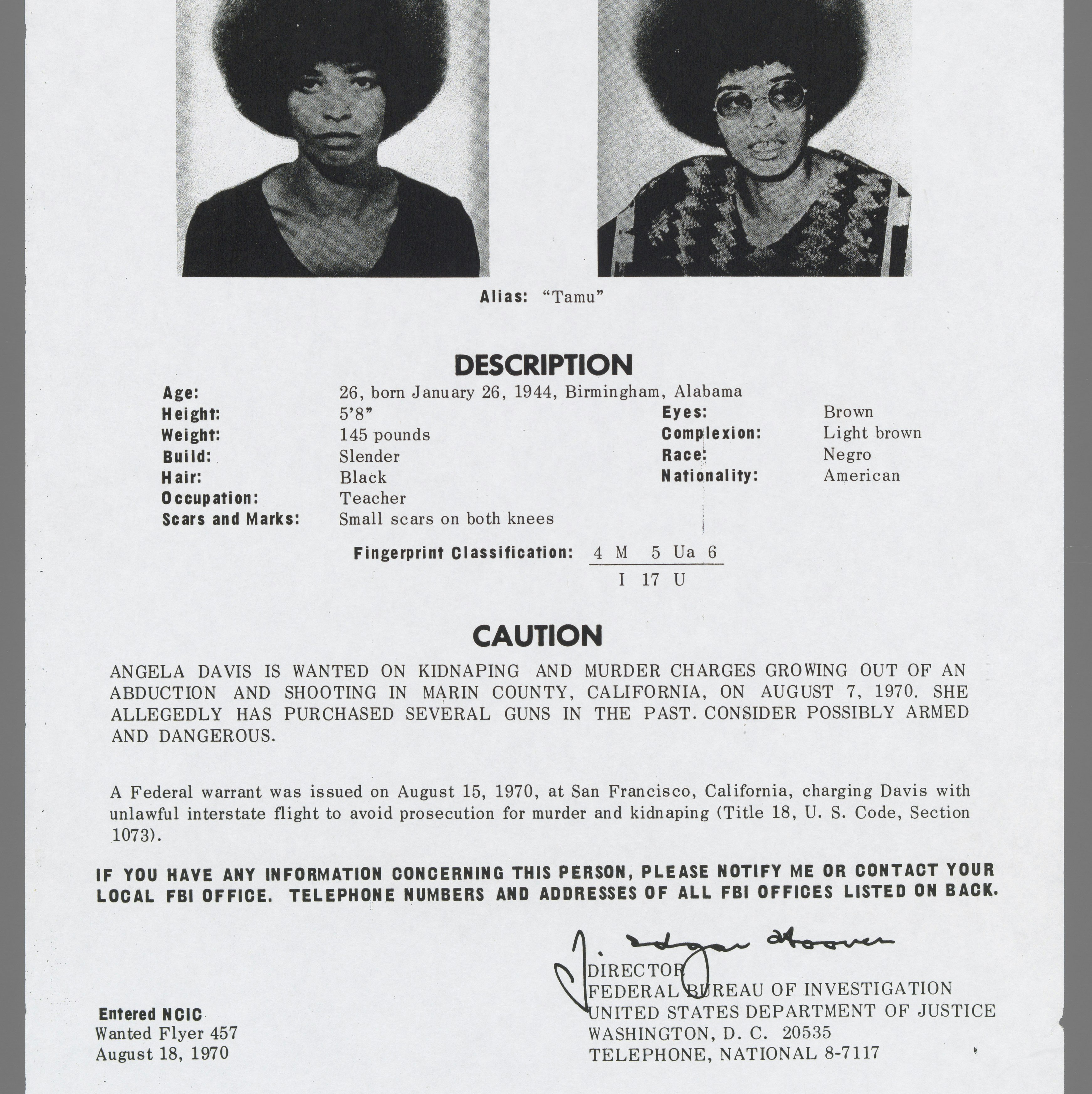 Black & white FBI wanted flyer with two headshots of Angela Davis.