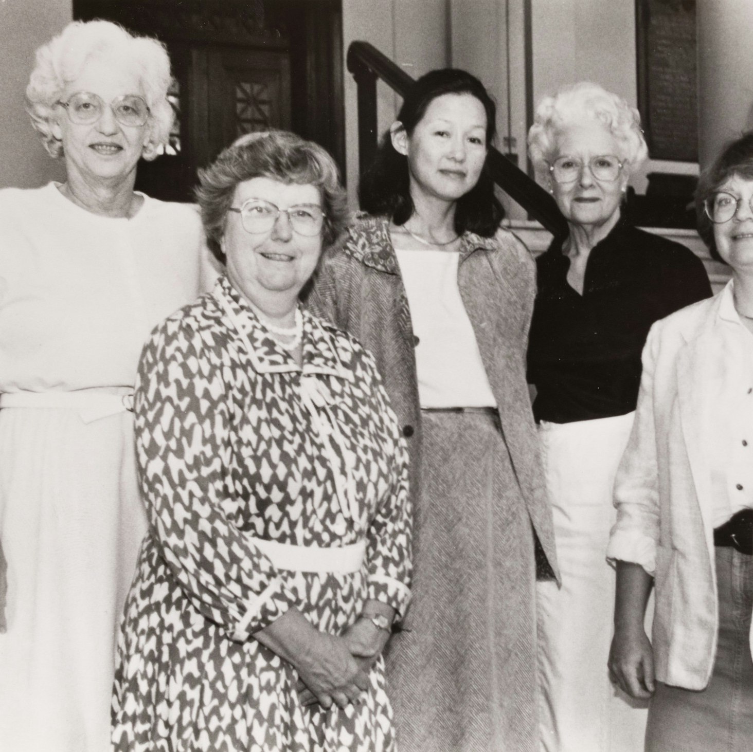 Sepia toned group photo of Harvard Professors, from left to right: Elizabeth Hay, Mary Ellen Avery, Alice Huang, Lynn Reed, Priscilla Schaffer