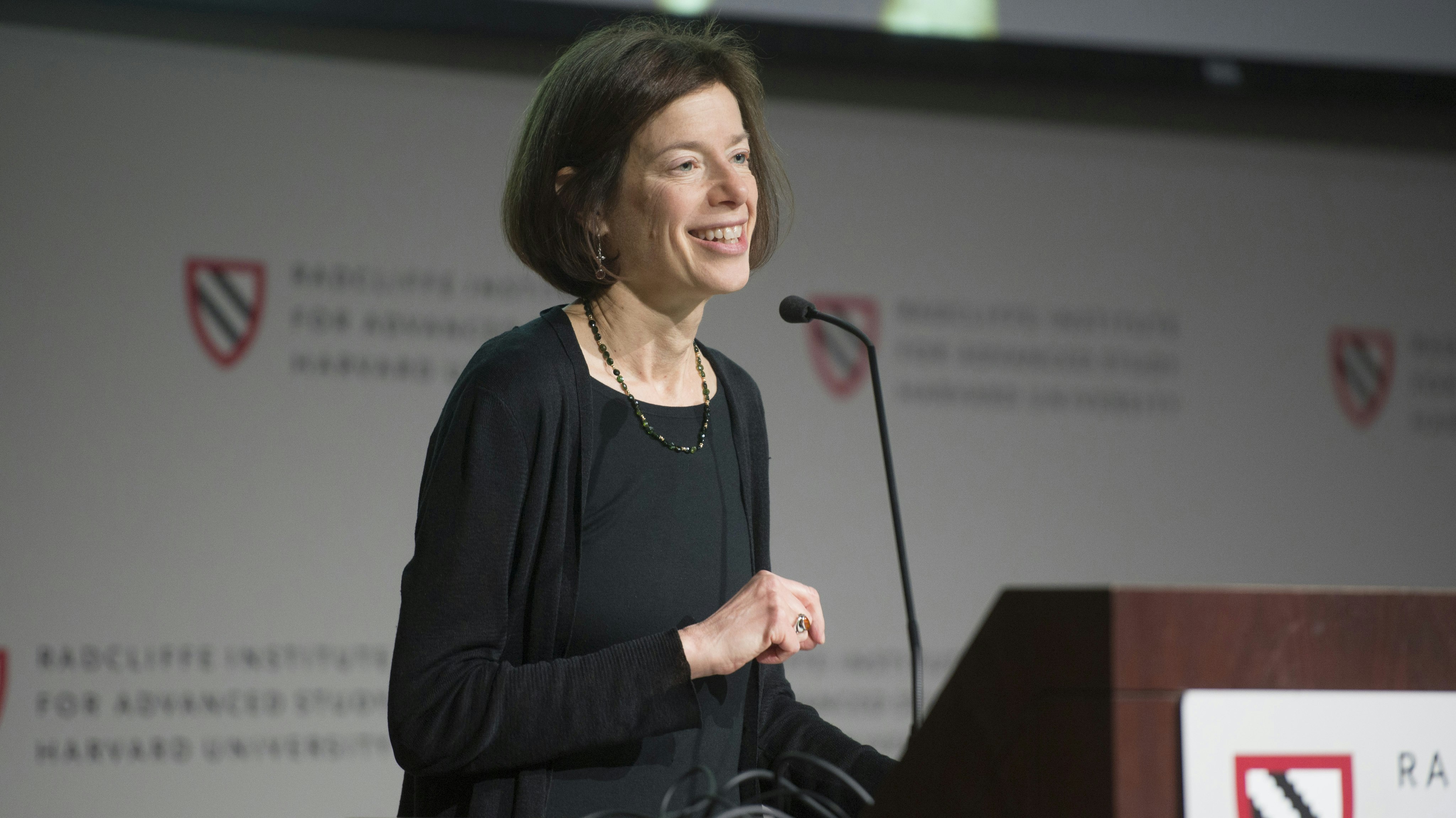 Susan Faludi speaking at Radcliffe's "Hidden in Plain Sight" panel discussion.