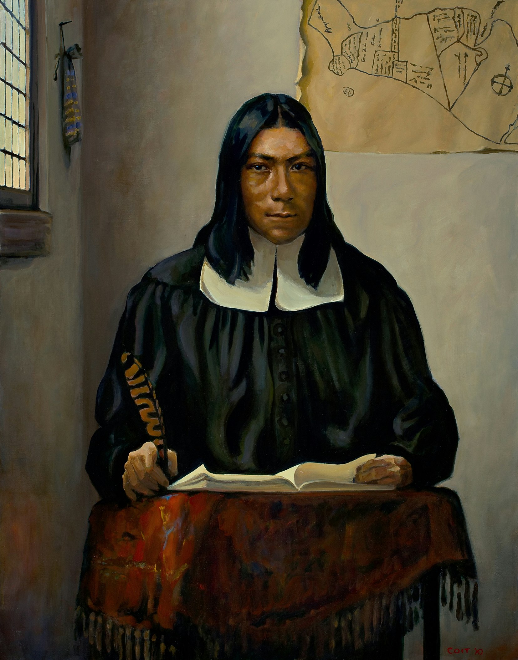 Painting of Caleb Cheeshahteaumuck, standing at a table with quill in hand, wearing a black robe with a white collar.