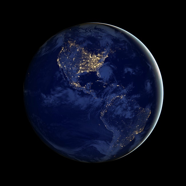 View of Earth from NASA. North America and South America is shown highlighting the stars in each continent