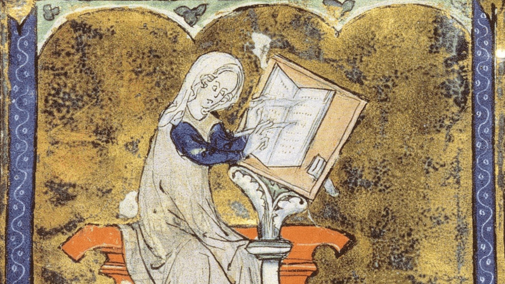An illuminated manuscript depicts Marie De France at a writing lectern