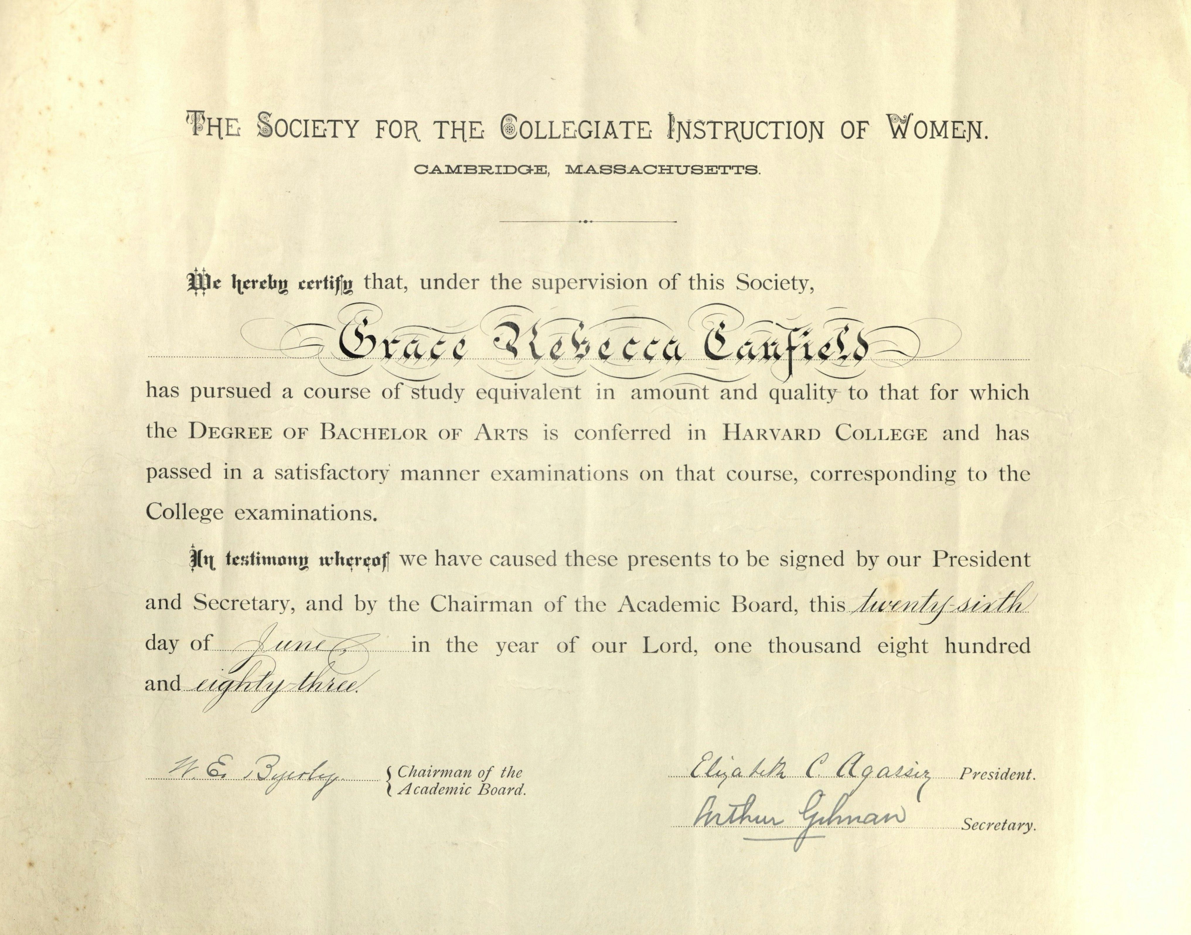 Society for the Collegiate Instruction of Women certificate