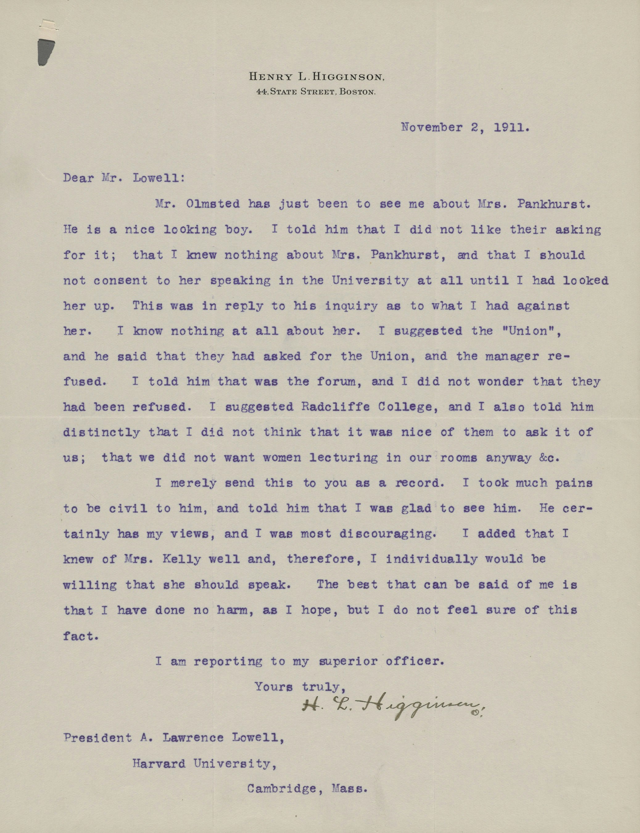 Letter regarding Mrs. Emmeline Pankhurst