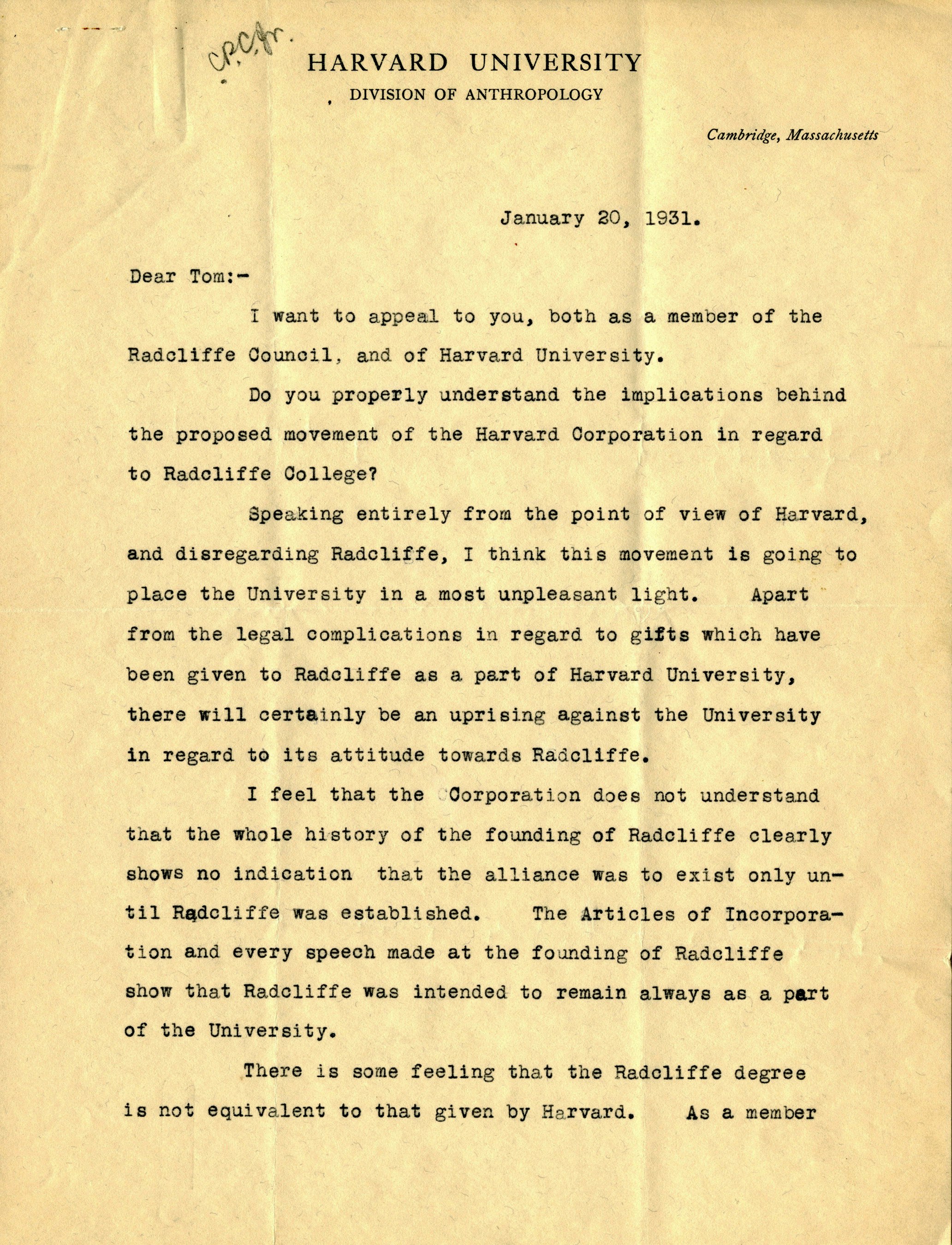 Letter from Dr. Alfred M. Tozzer