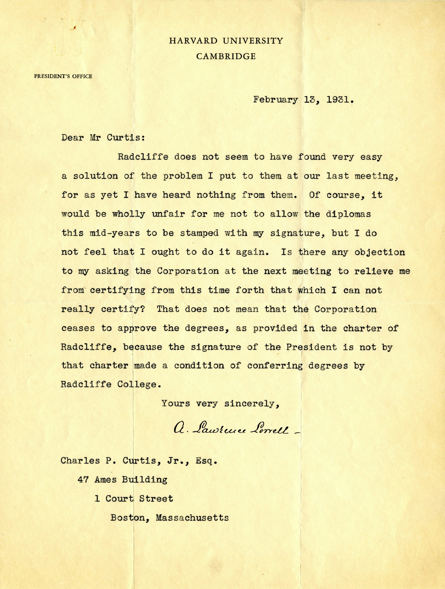 Letter from President A. Lawrence Lowell