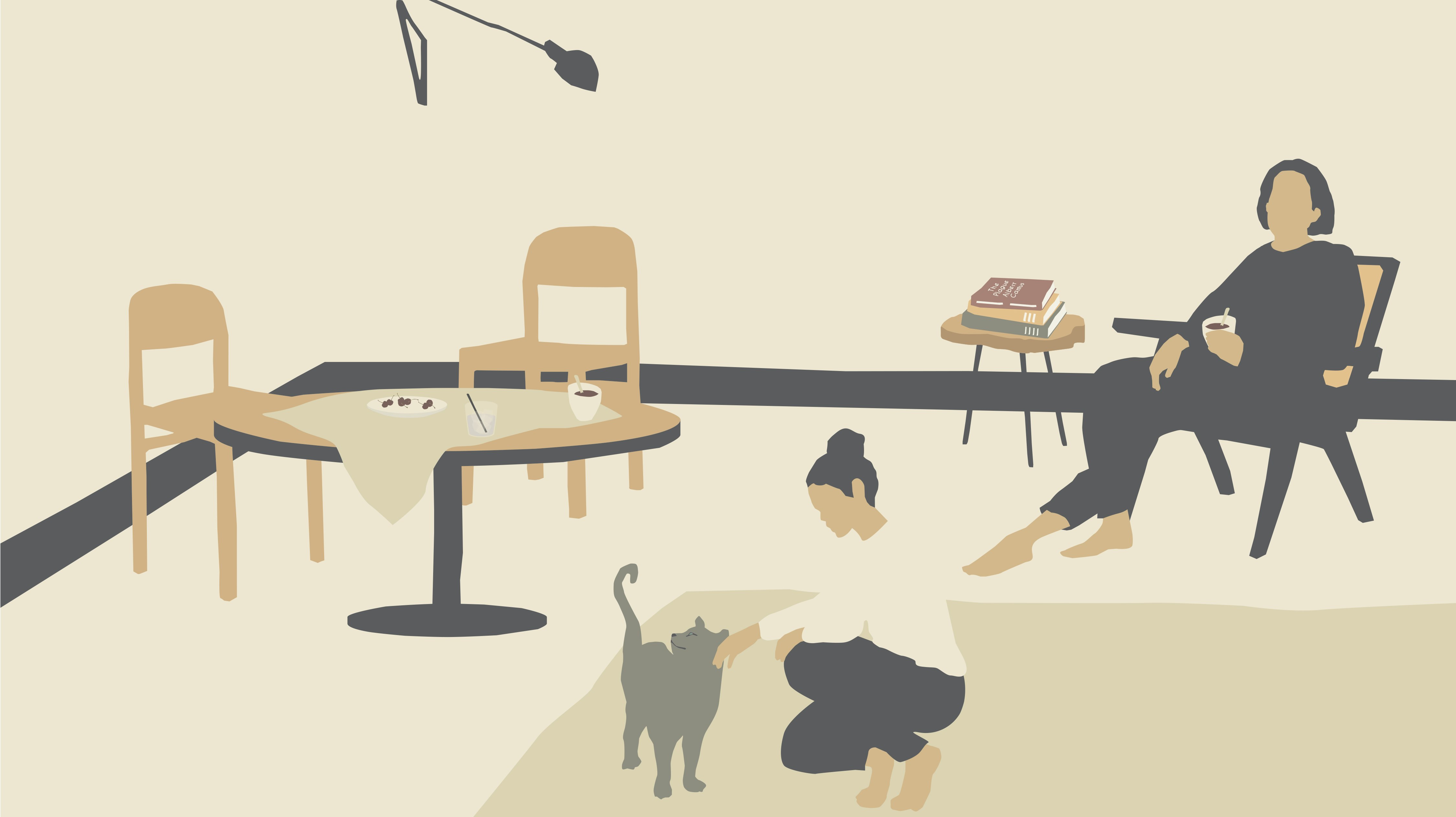Illustration of a classroom, one person seated and one person petting a cat