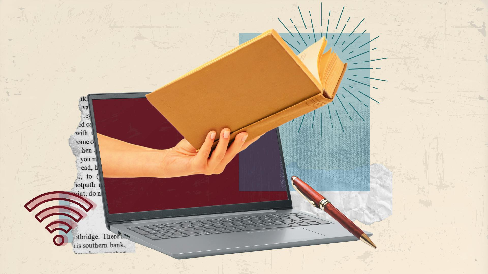 Photorealist illustration shows a hand coming out of a laptop screen, holding an open book. Superimposed are a ballpoint pen, and a wifi symbol.