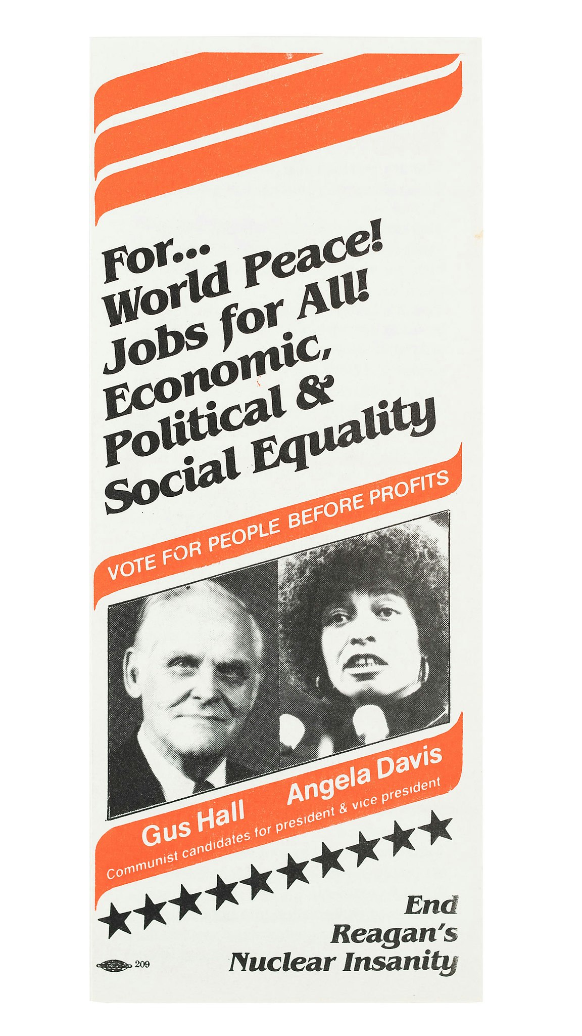 Headshots of Gus Hall and Angela Davis on pamphlet design. With banners in orange throughout.
