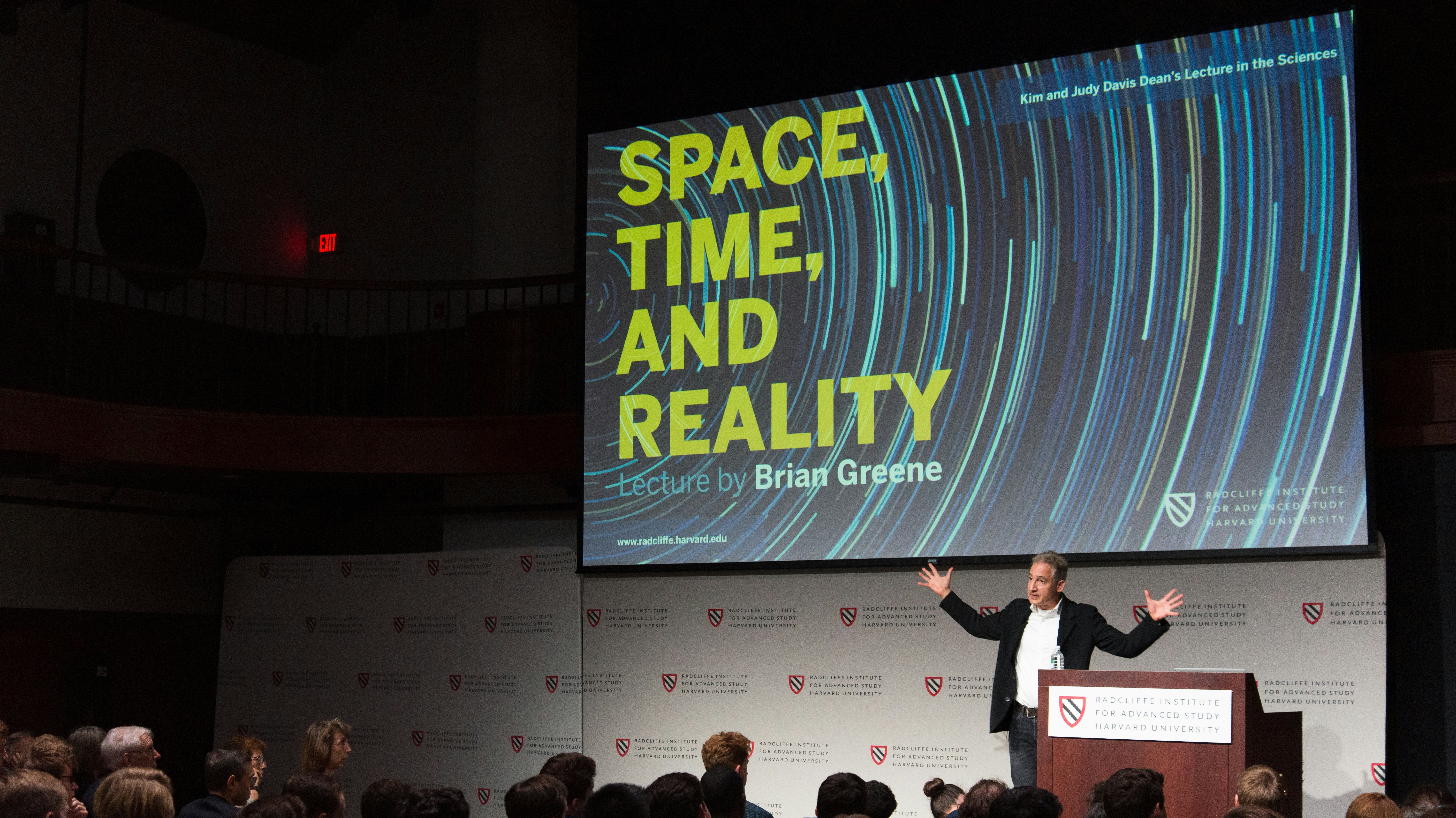 Brian Greene presenting lecture on "Space, Time, and Reality" at Radcliffe.
