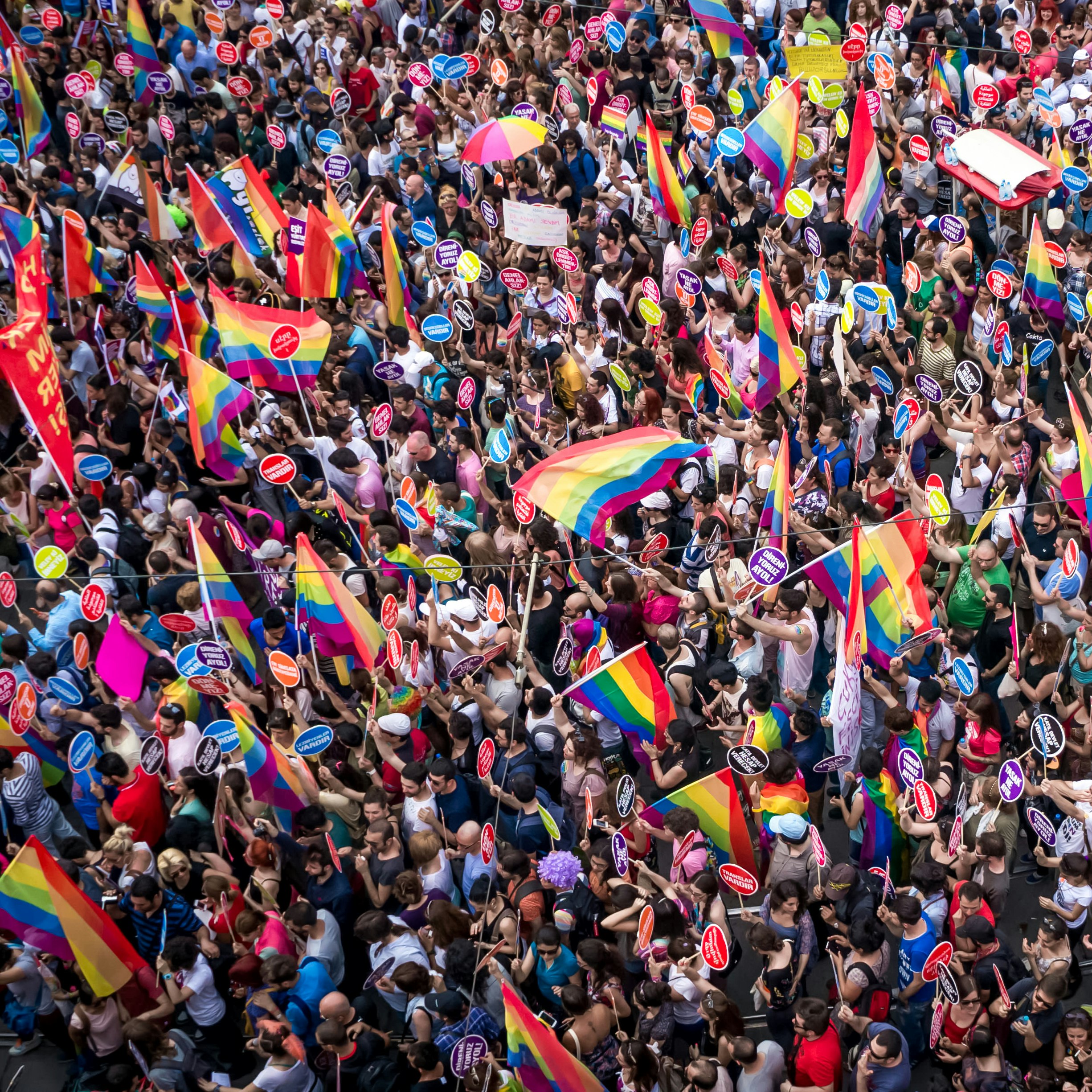 Crowd of demonstators, many waving rainbow flags