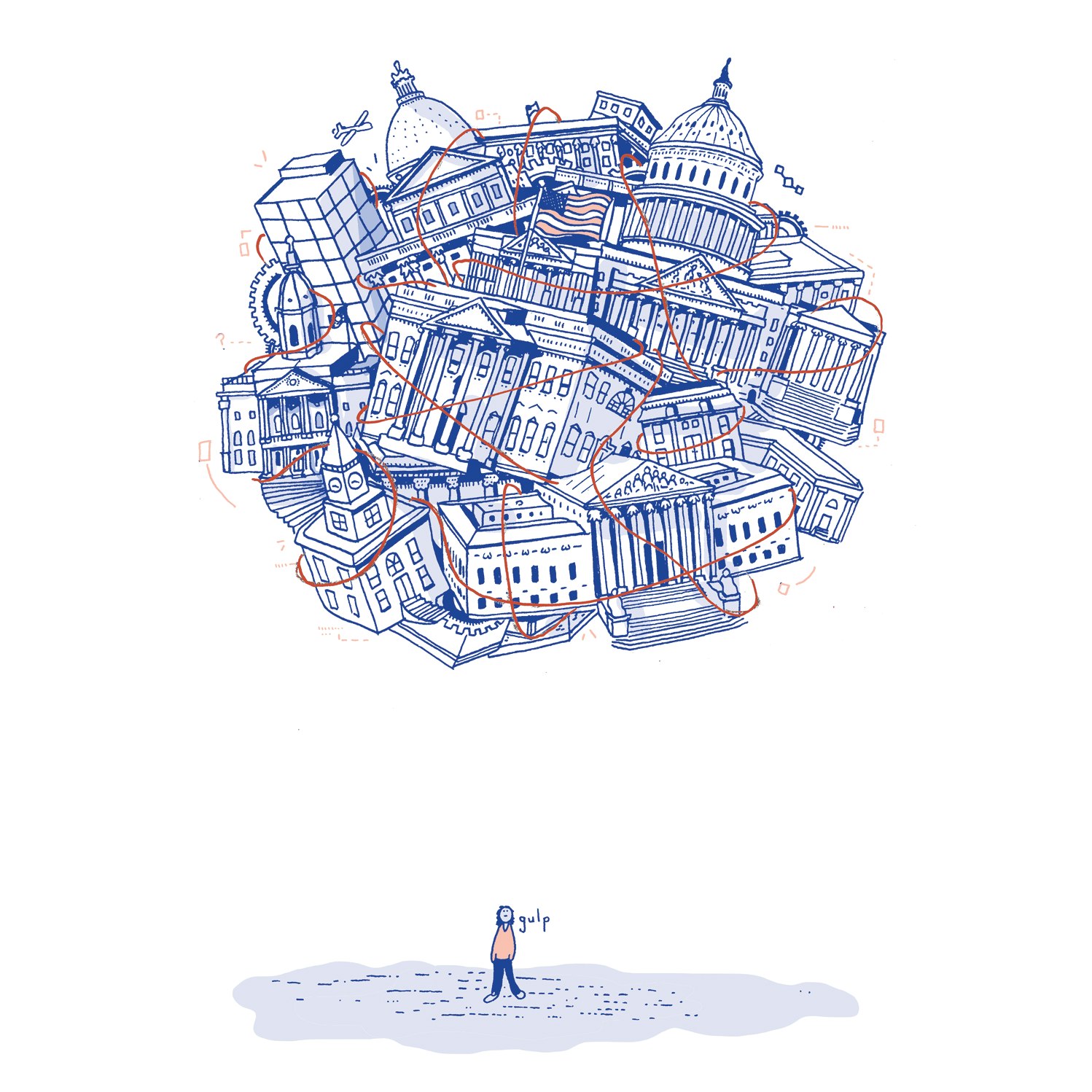Illustration of a clustered tangle of government buildings from the US Capitol as a cloud above a gulping individual.