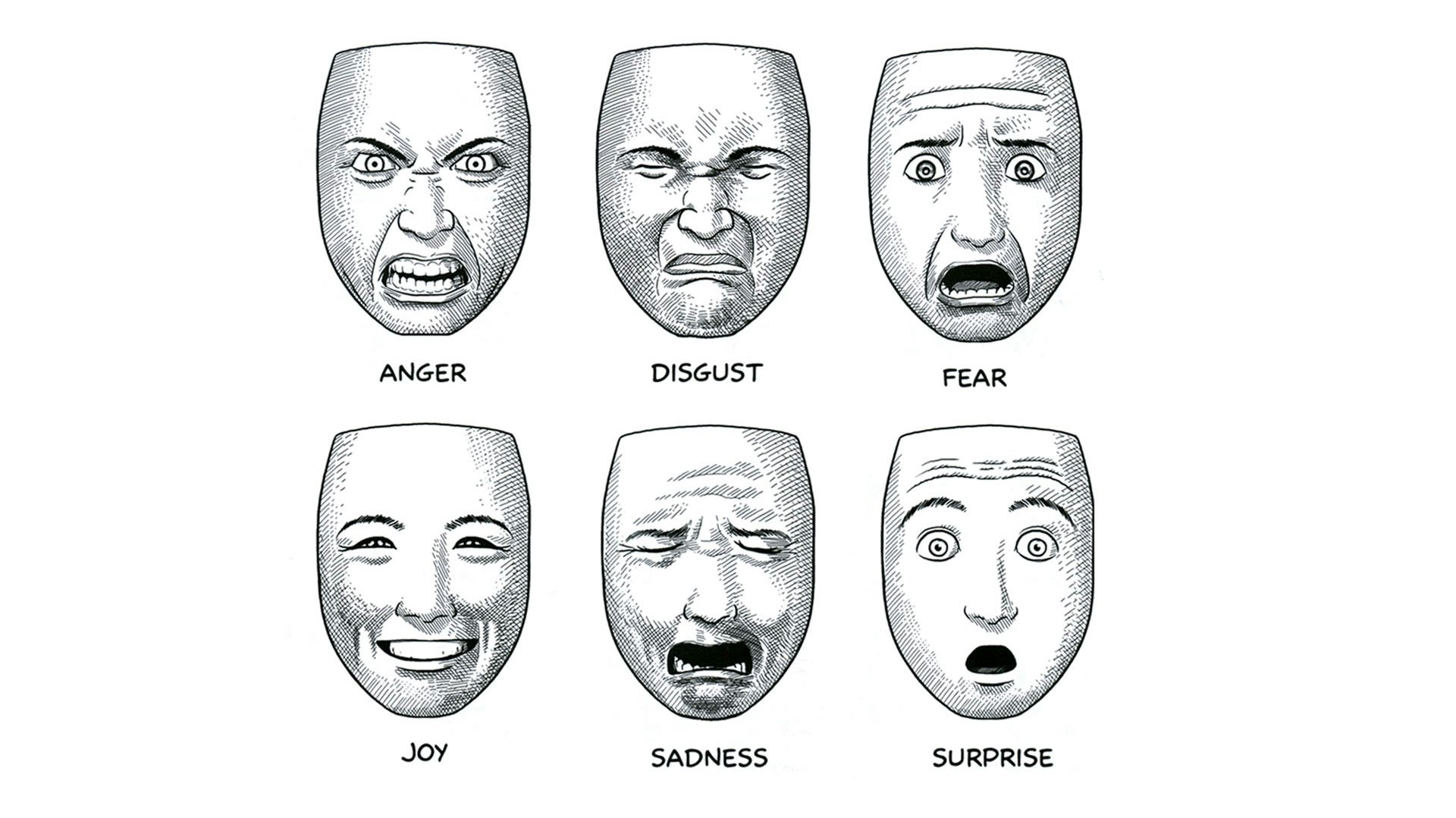 Illustration of facial expressions showing anger, disgust, fear, joy, sadness, and surprise.