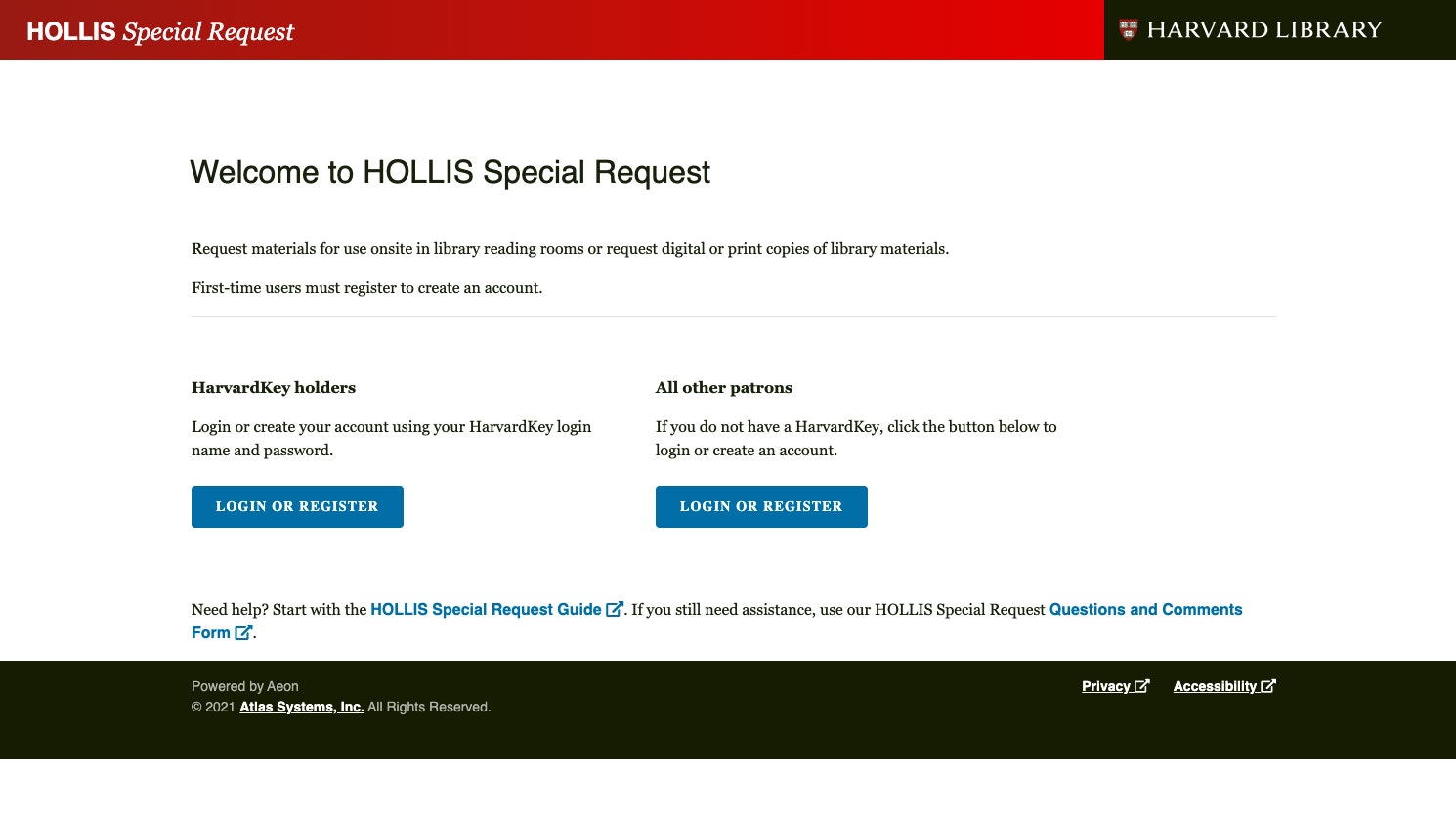 A screenshot of the HOLLIS Special Request page