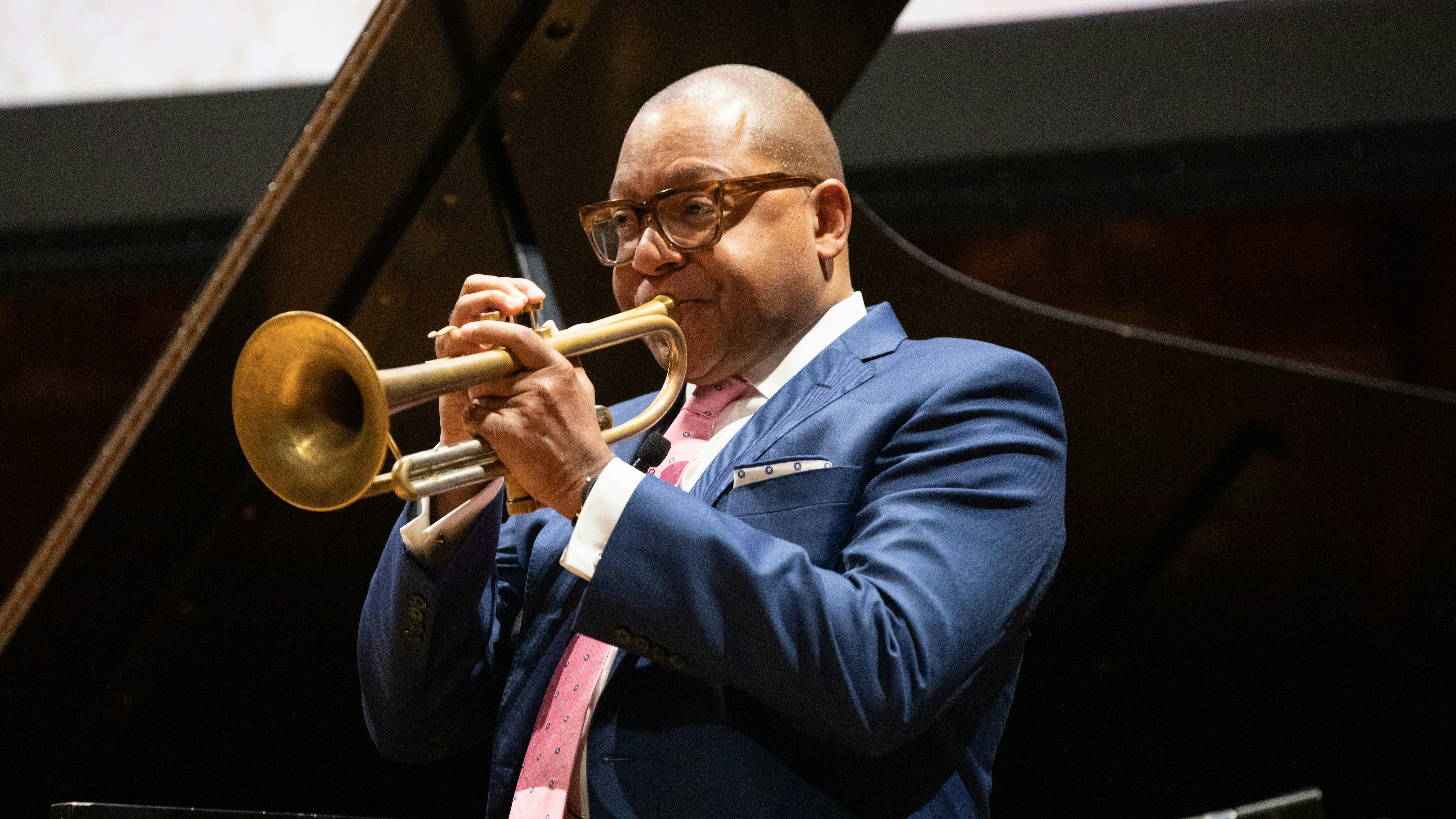 Wynton Marsalis playing the trumpet at Radcliffe's "Vision & Justice" convening.