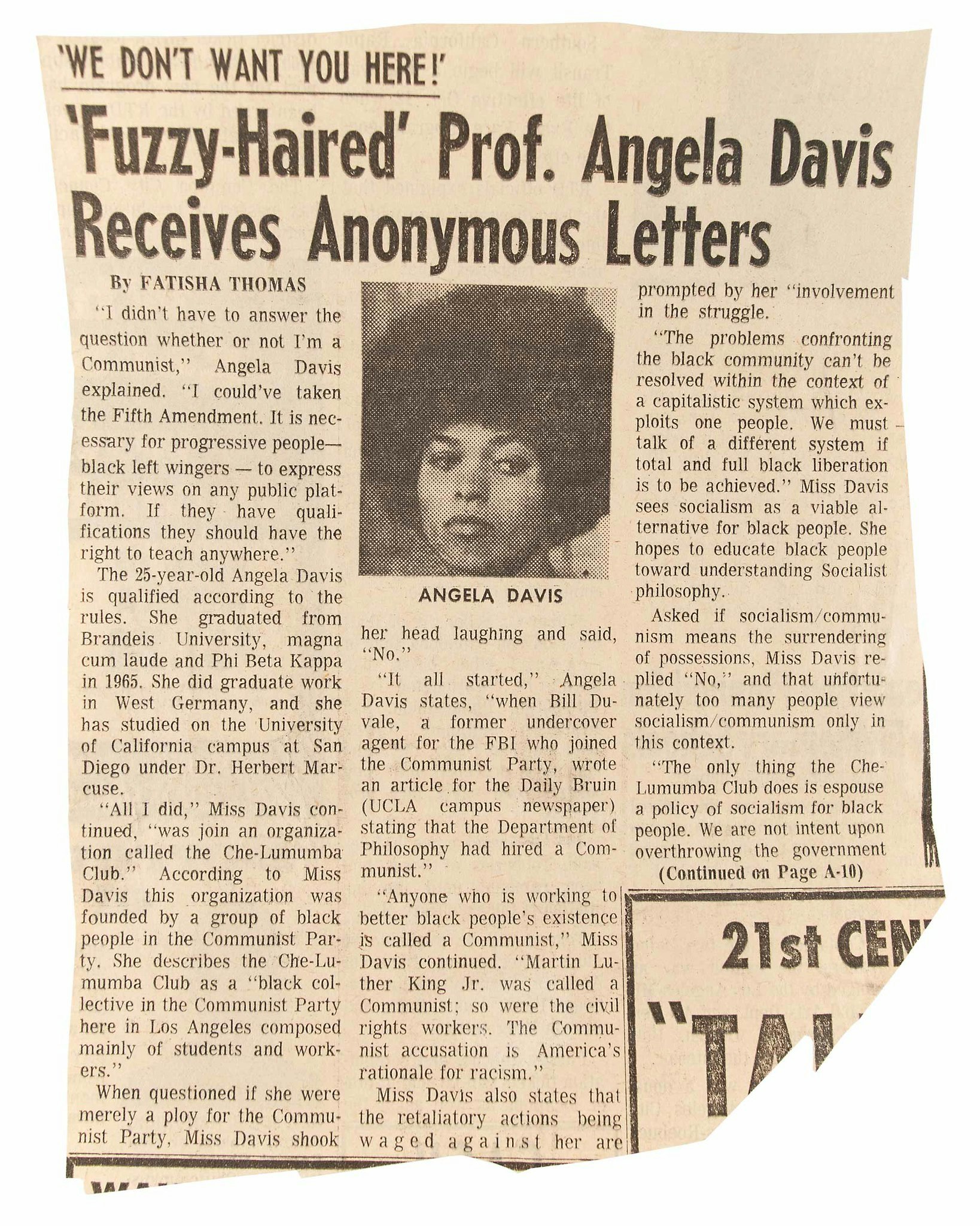 Sepia toned editorial page with article titled, "Fuzzy-Haired" Prof. Angela Davis Receives Anonymous Letters."