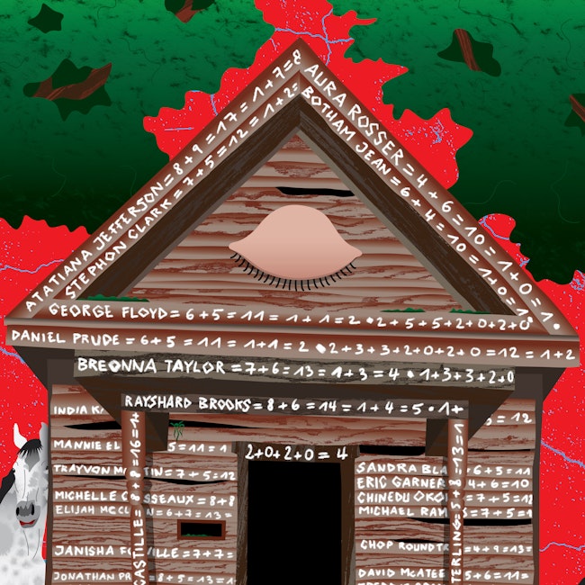 Illustration of brown house with names of police brutality victims