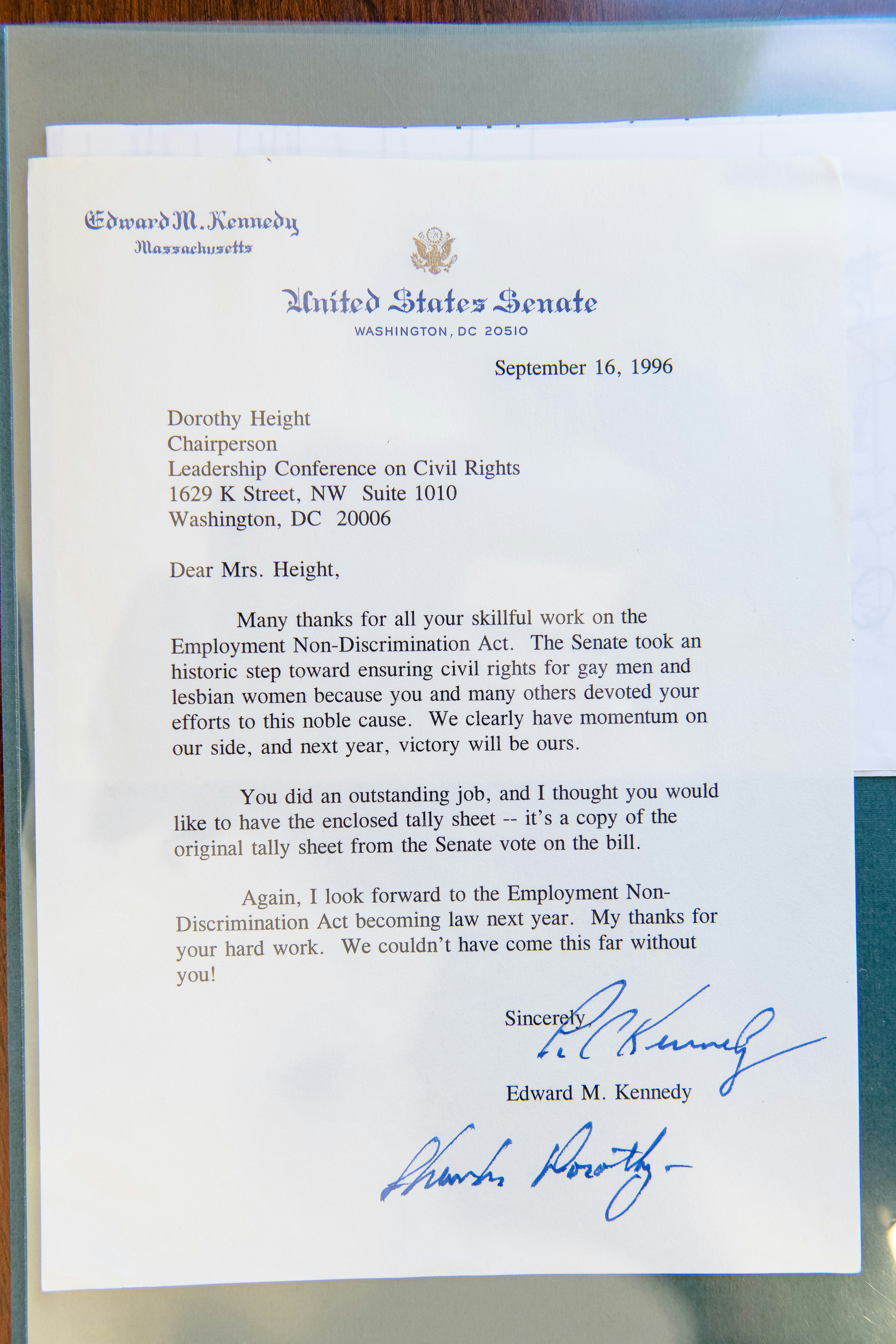 A letter from Senator Edward M. Kennedy on Senate stationery thanks Height for her work; it's dated September 16, 1996.