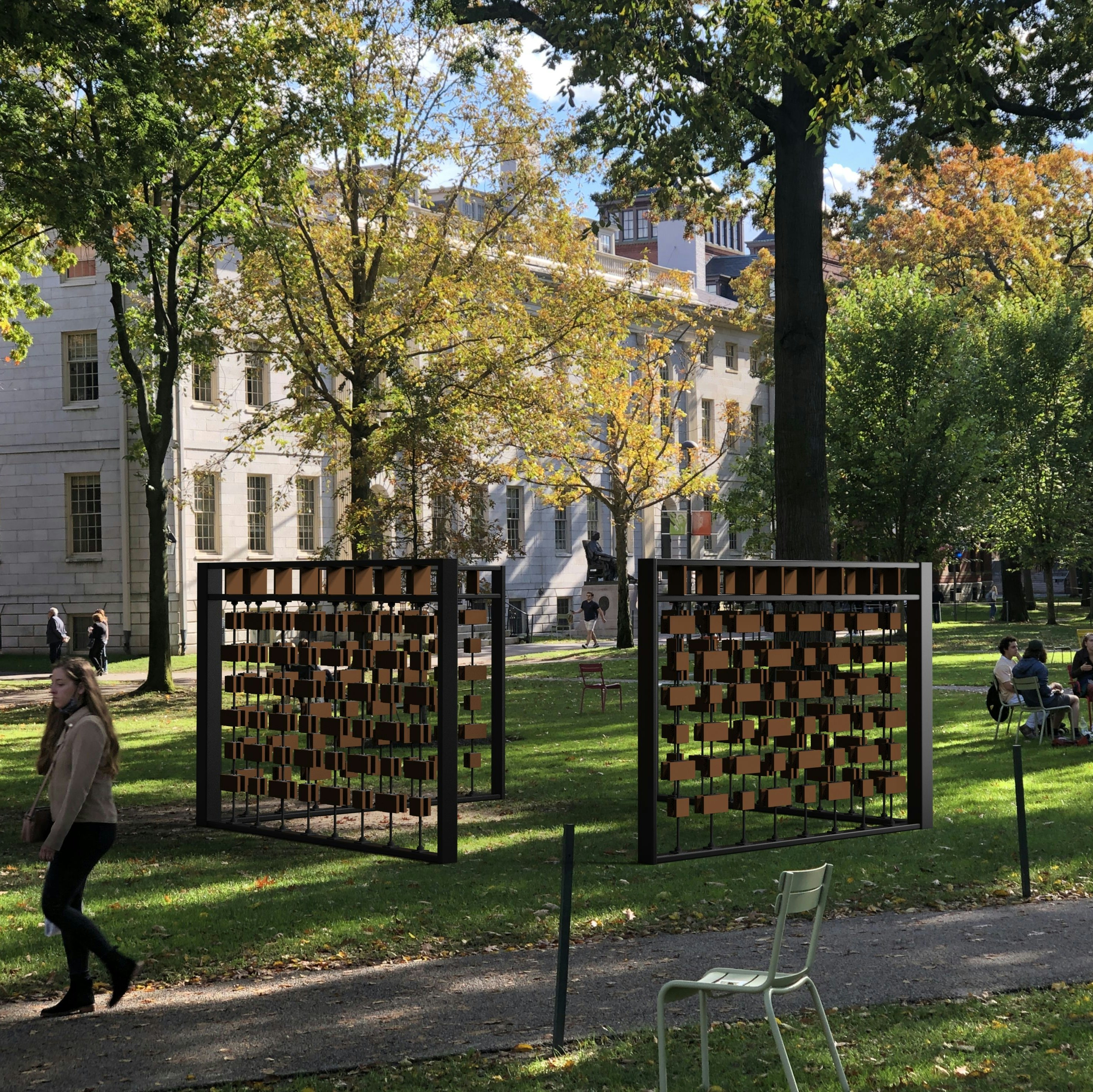 A rendering of student-designed public art to be installed this April in Harvard's Old Yard.