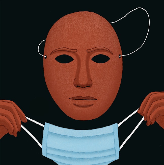 Illustration of putting a mask on one's face