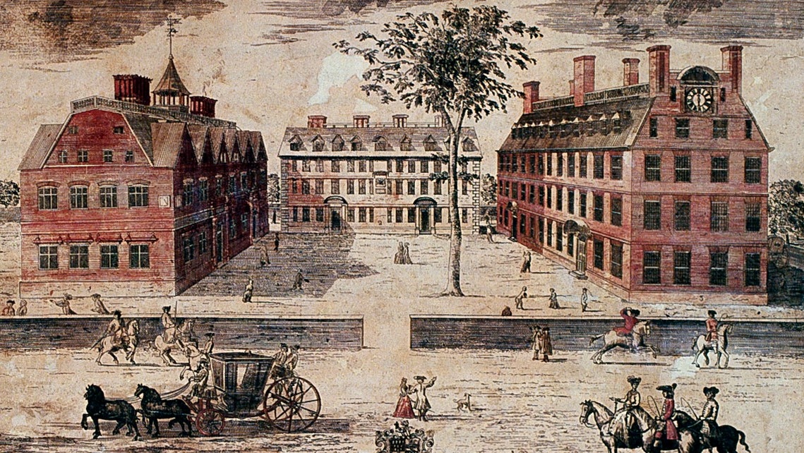 A view of Harvard College with what is now Massachusetts Avenue in foreground, and college buildings including Massachusetts Hall with the inscription: caption: A Prospect of the Colledges in Cambridge in New England
