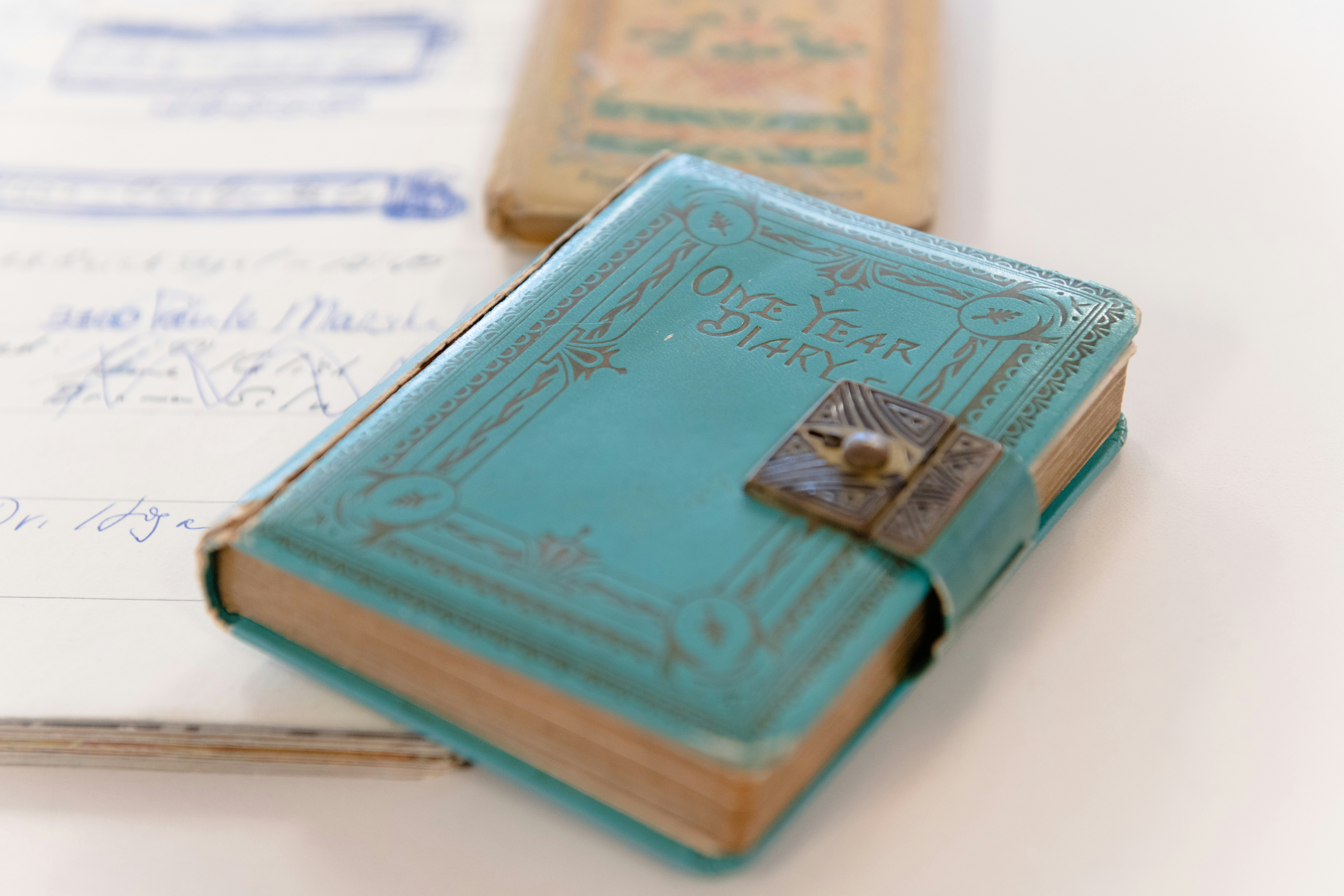 A small, self-locking diary with gold-edged pages. In gold lettering, it reads "One Year Diary"