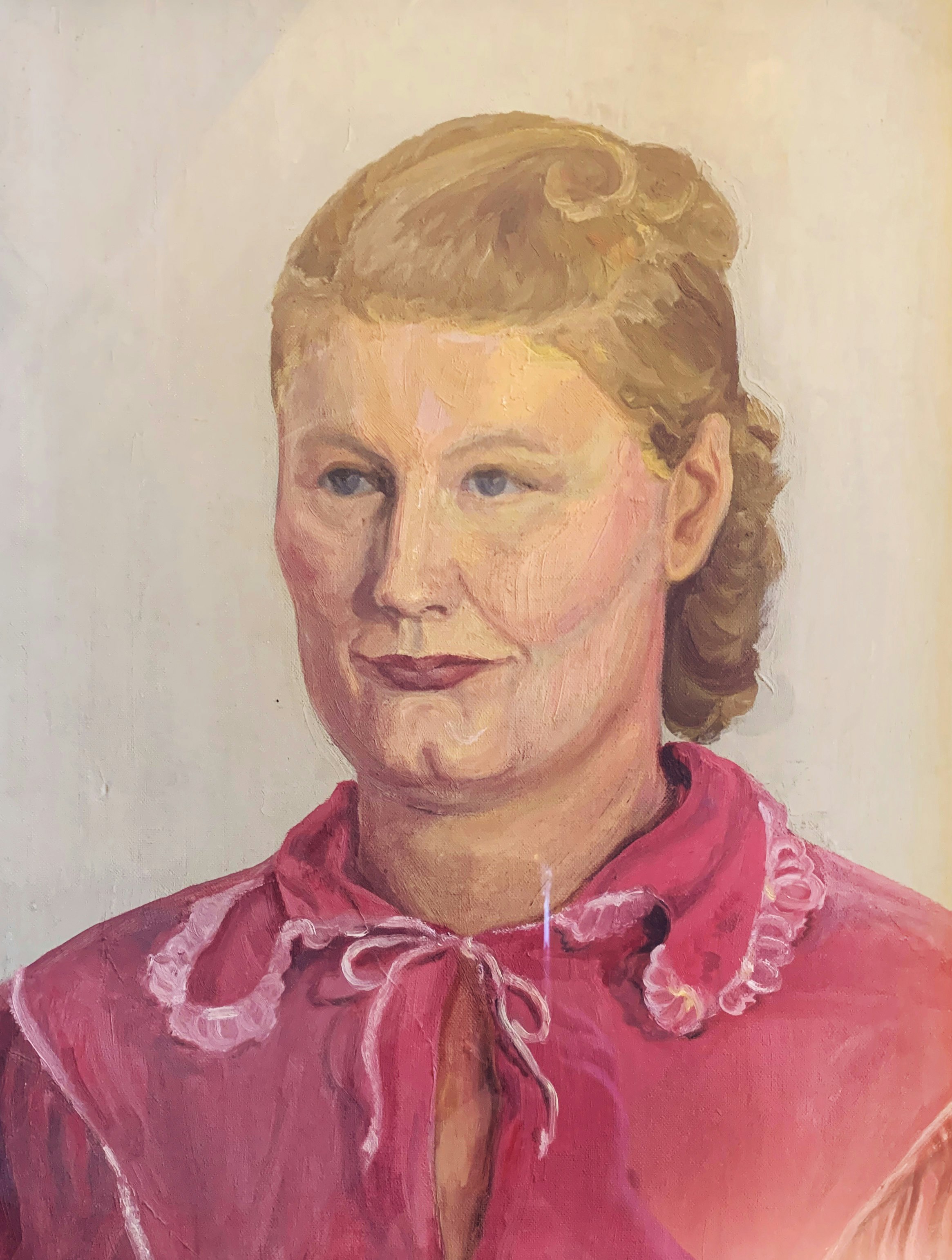 A painted portrait of a blond woman in a fuchsia pussy-bowed blouse.