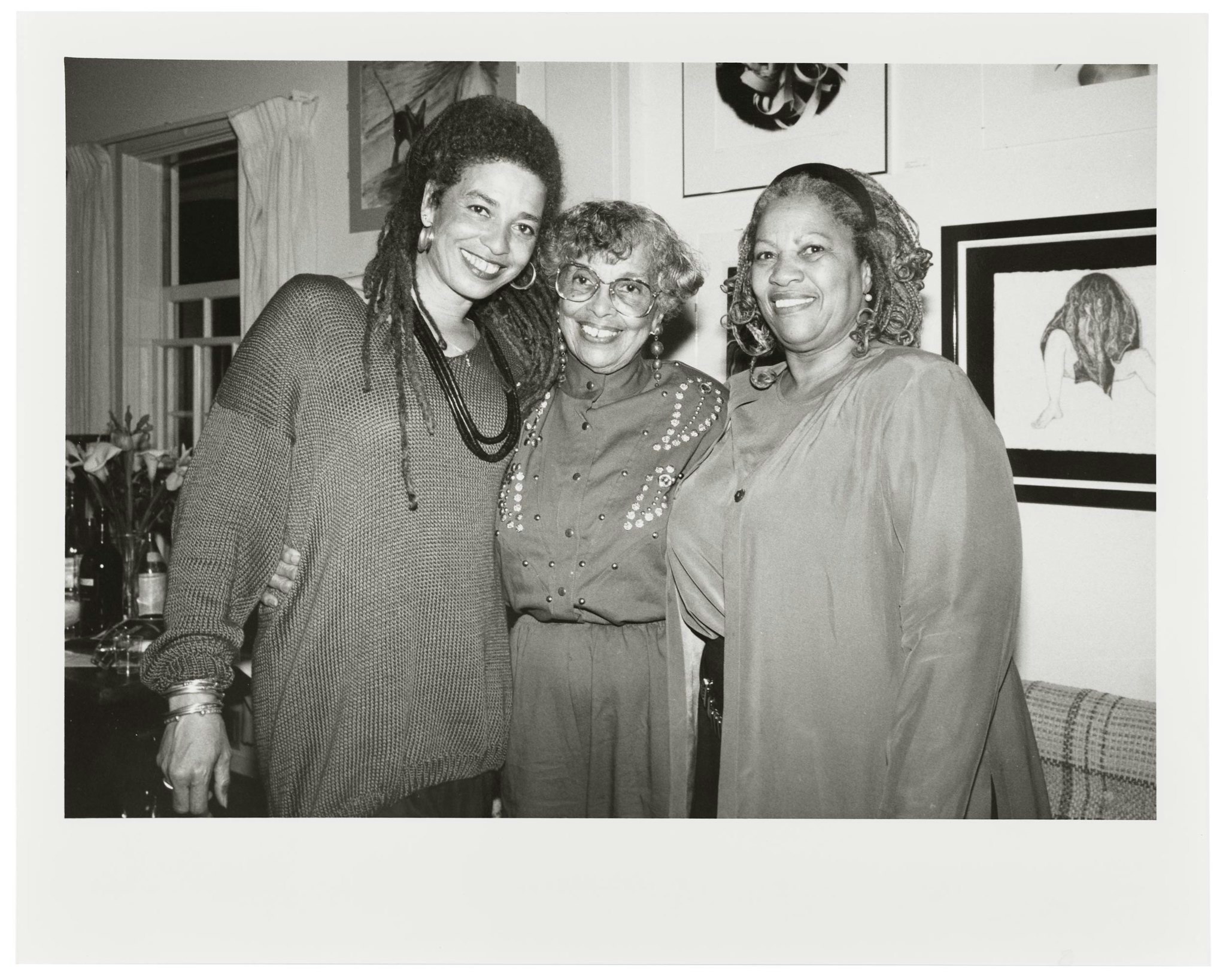 Black & white photograph of Toni Morrison, Sallye Davis, and Angela Davis.