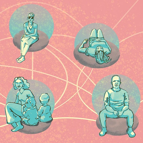 Illustration of people in 5 different pods with lines connecting them to each other