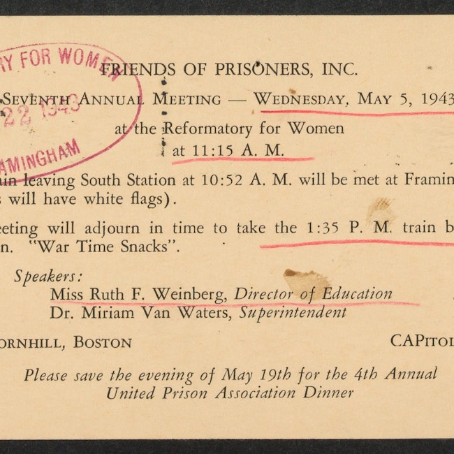 Miriam Van Waters' papers from 1942-1943. Outlines date and time for Seventh Annual Meeting.