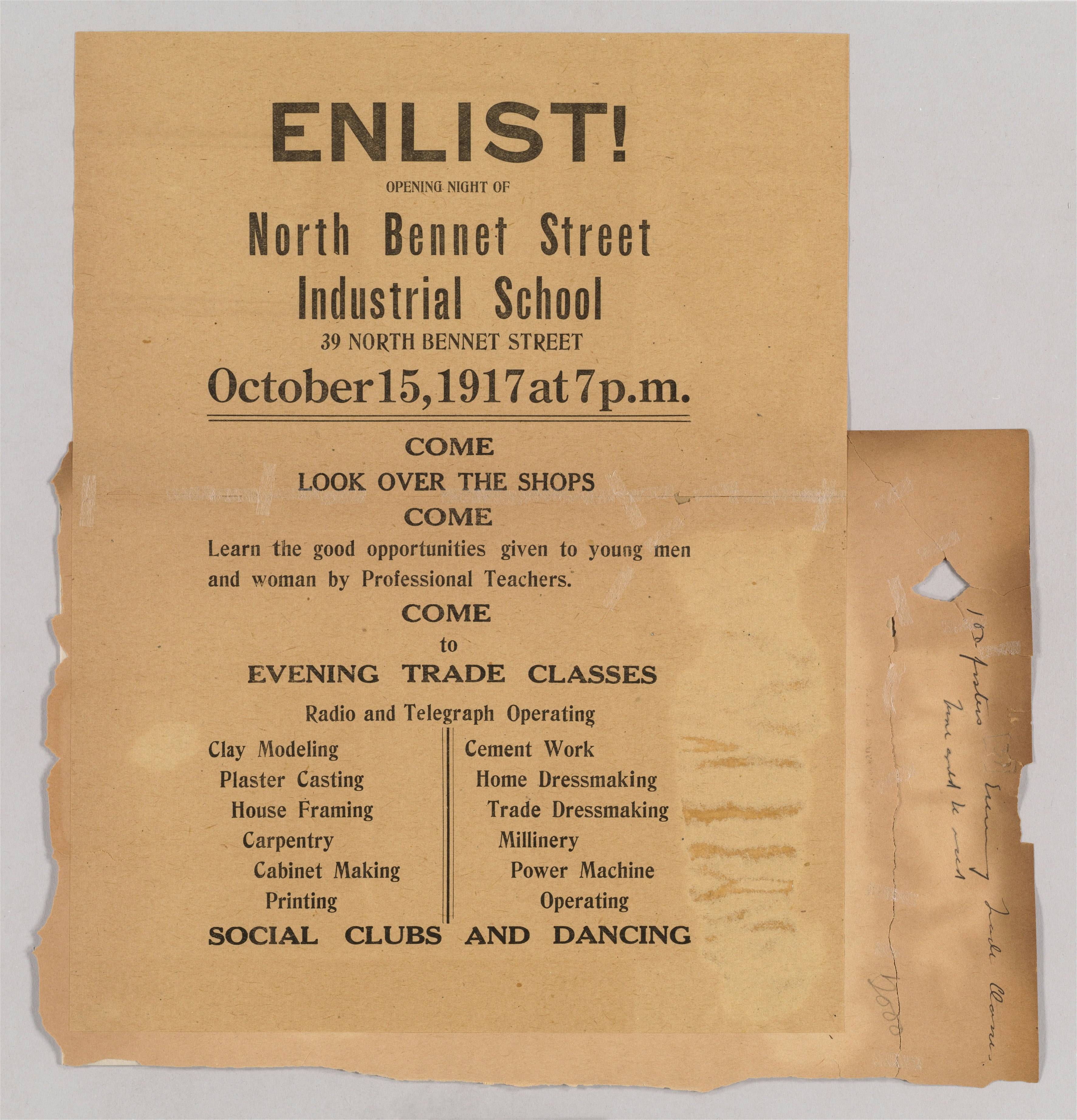 Records of North Bennet Street Industrial calling for people to come to the shops and evening trade classes