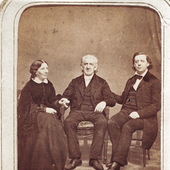 Group portrait of members of the the Beecher family. Includes, from left to right, Harriet Beecher Stowe, Lyman Beecher, and Henry Ward Beecher