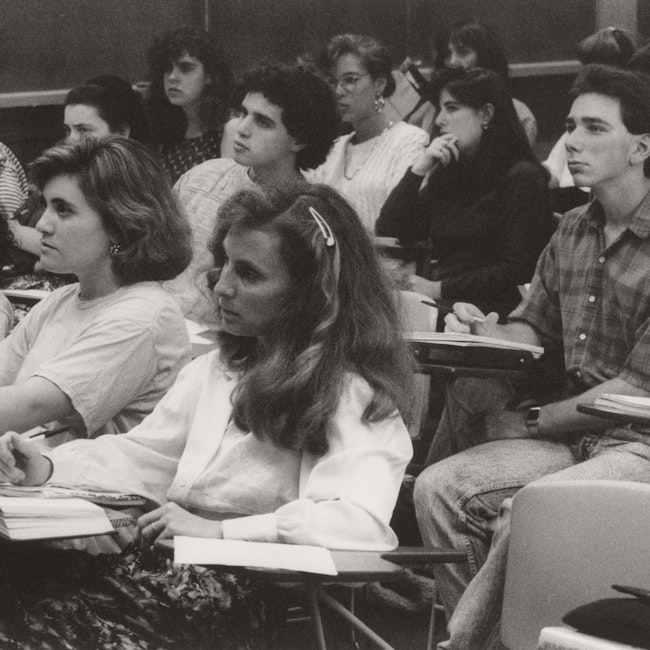 Portrait of Harvard and Radcliffe students in class