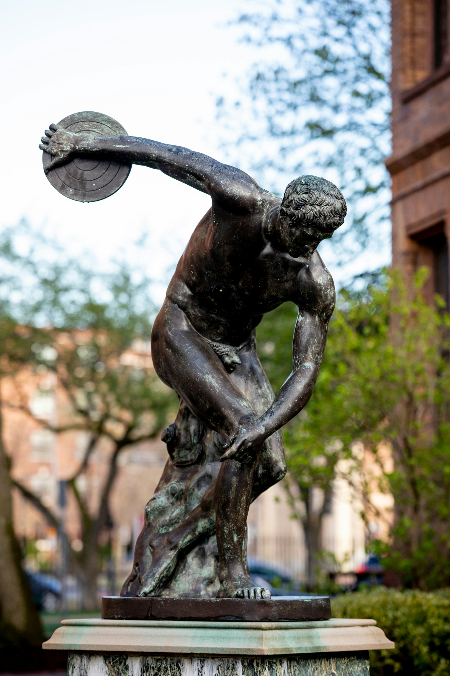 Close up of Myron's Discobolus sculpture of a man preparing to throw a discus.