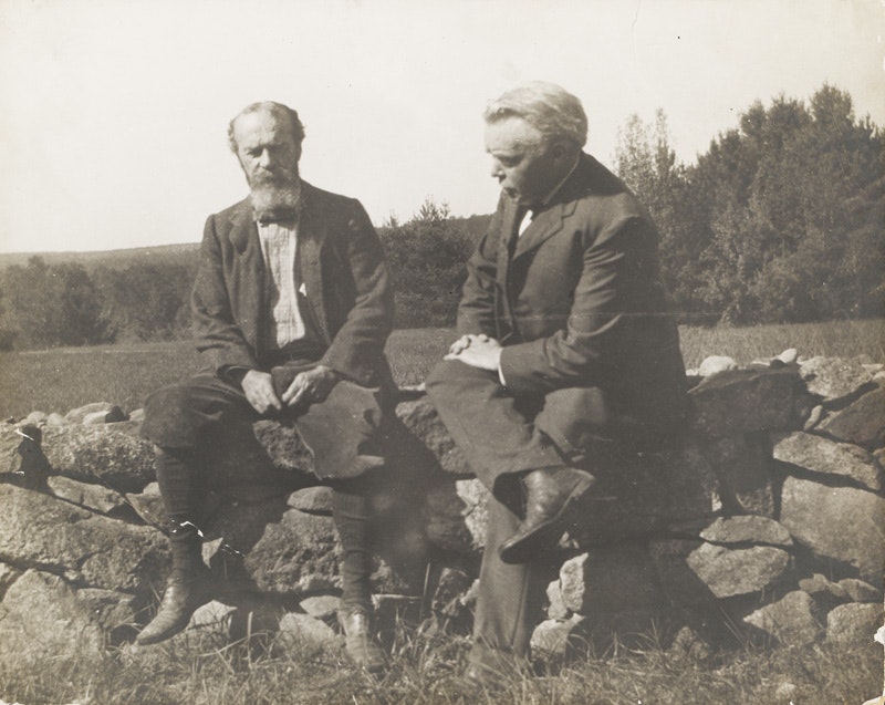 William James and Josiah Royce outdoors, seated on a stone wall. ca. 1910?_courtesy of Harvard University Archives
