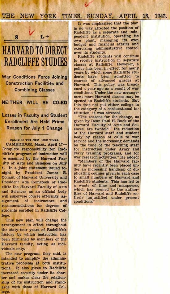 “Harvard to Direct Radcliffe Studies” The New York Times, April 18, 1943_courtesy of Schlesinger Library